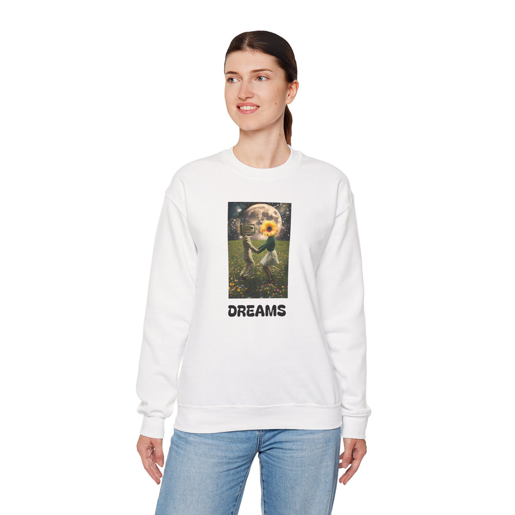 White crewneck sweatshirt on model, front print shows astronaut, flower, and DREAMS