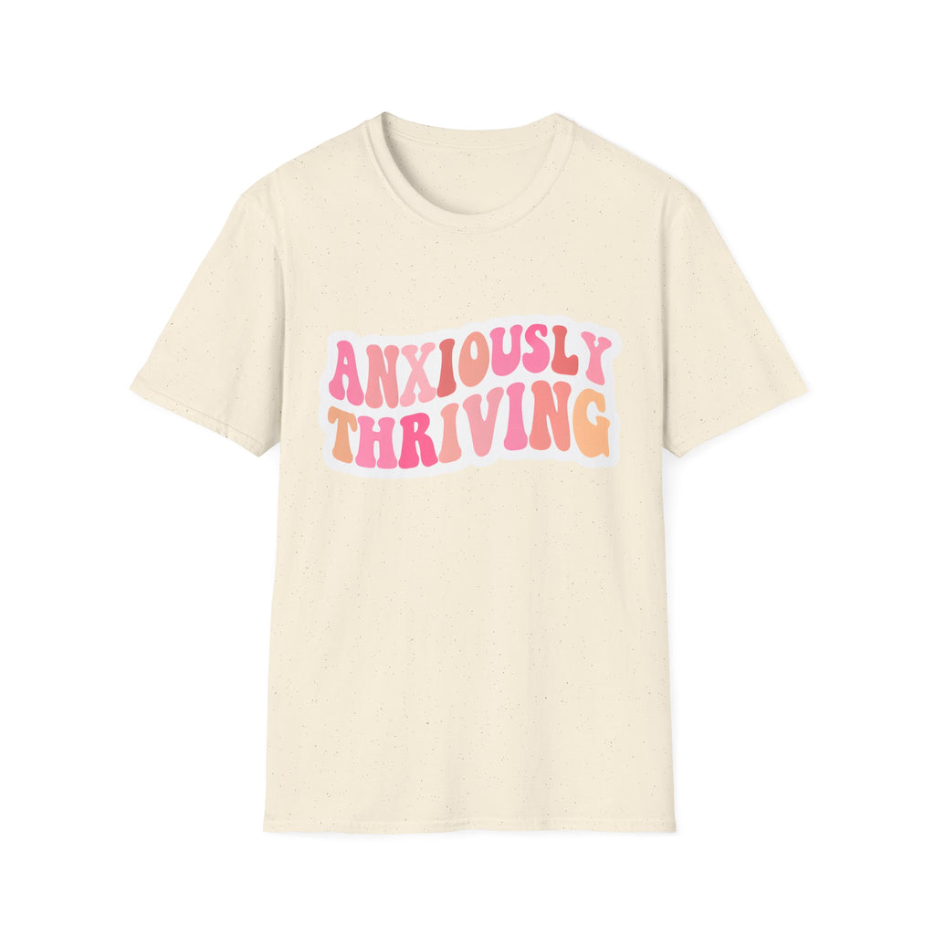 Unisex T-shirt in natural/off-white with speckled look and 'ANXIOUSLY THRIVING' print