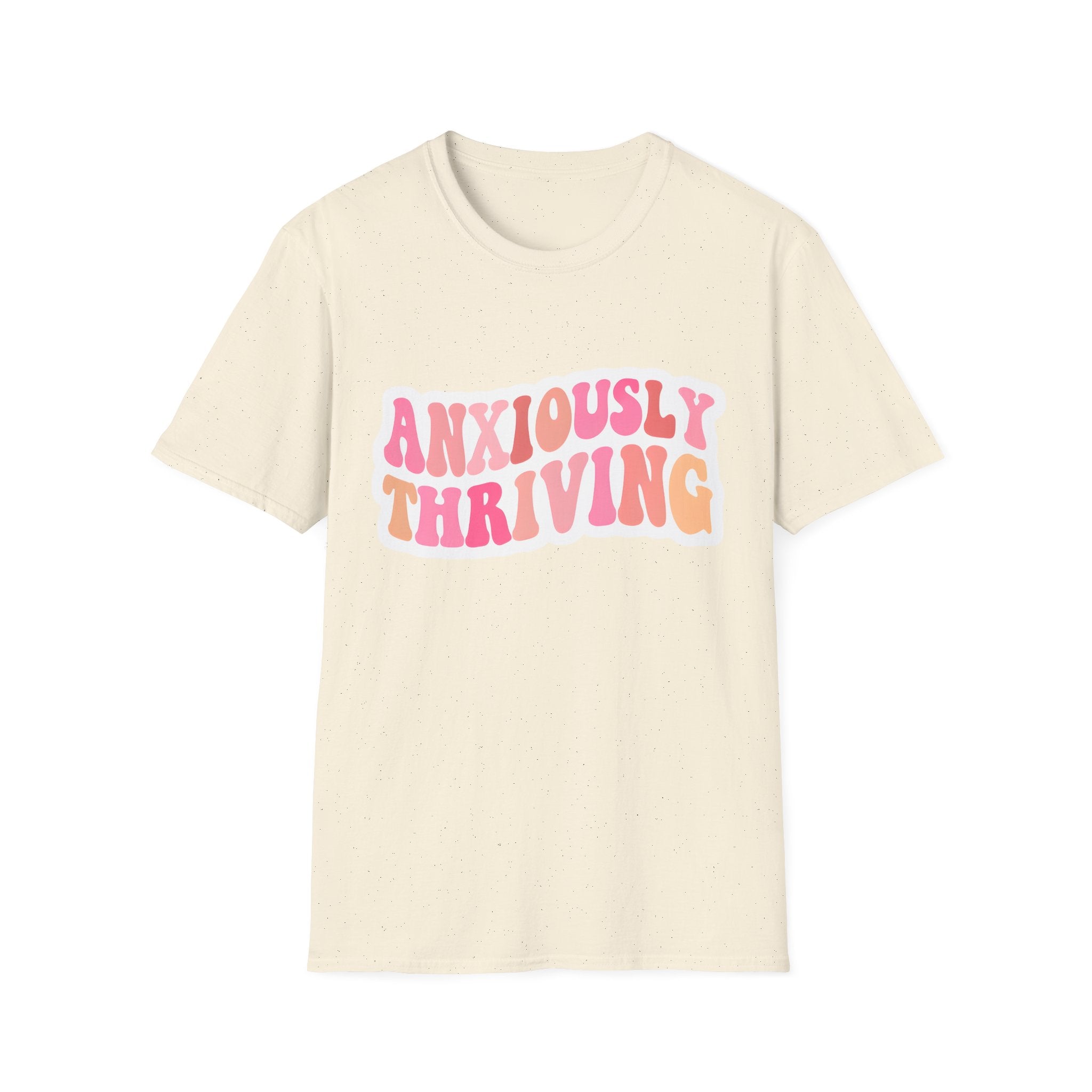Unisex T-shirt in natural/off-white with speckled look and 'ANXIOUSLY THRIVING' print