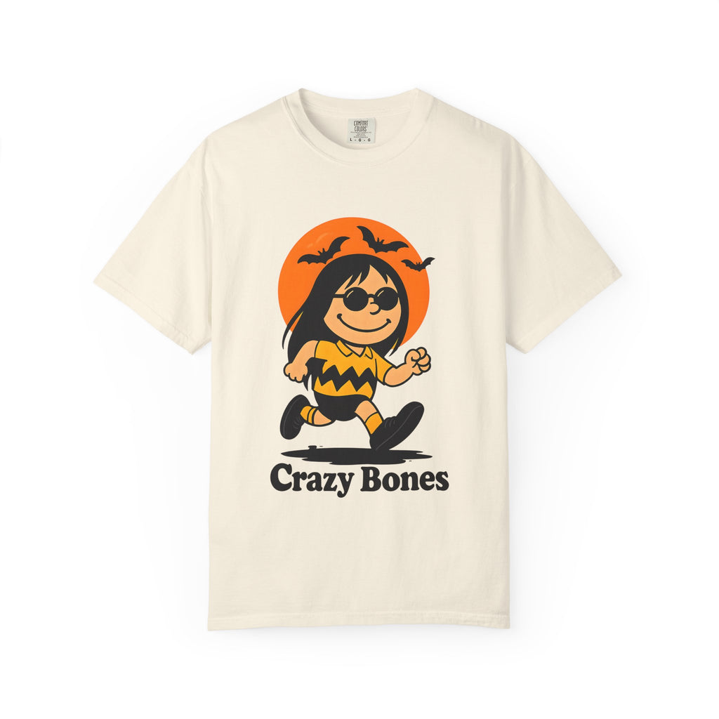 Ivory unisex T-shirt with orange Halloween character graphic and 'Crazy Bones' text