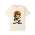 Ivory unisex T-shirt with orange Halloween character graphic and 'Crazy Bones' text