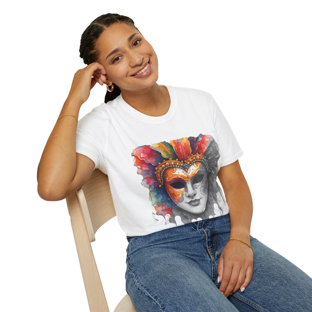 White T-shirt worn by model with watercolor masquerade face mask artwork at chest