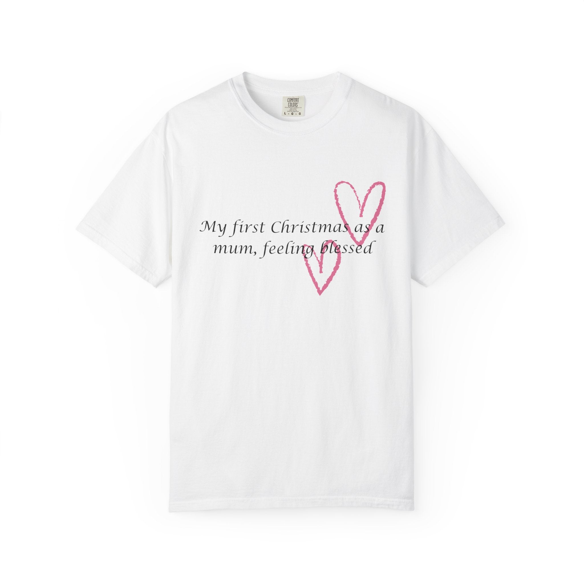 White Christmas mum t-shirt with pink heart outline and “My first Christmas” text