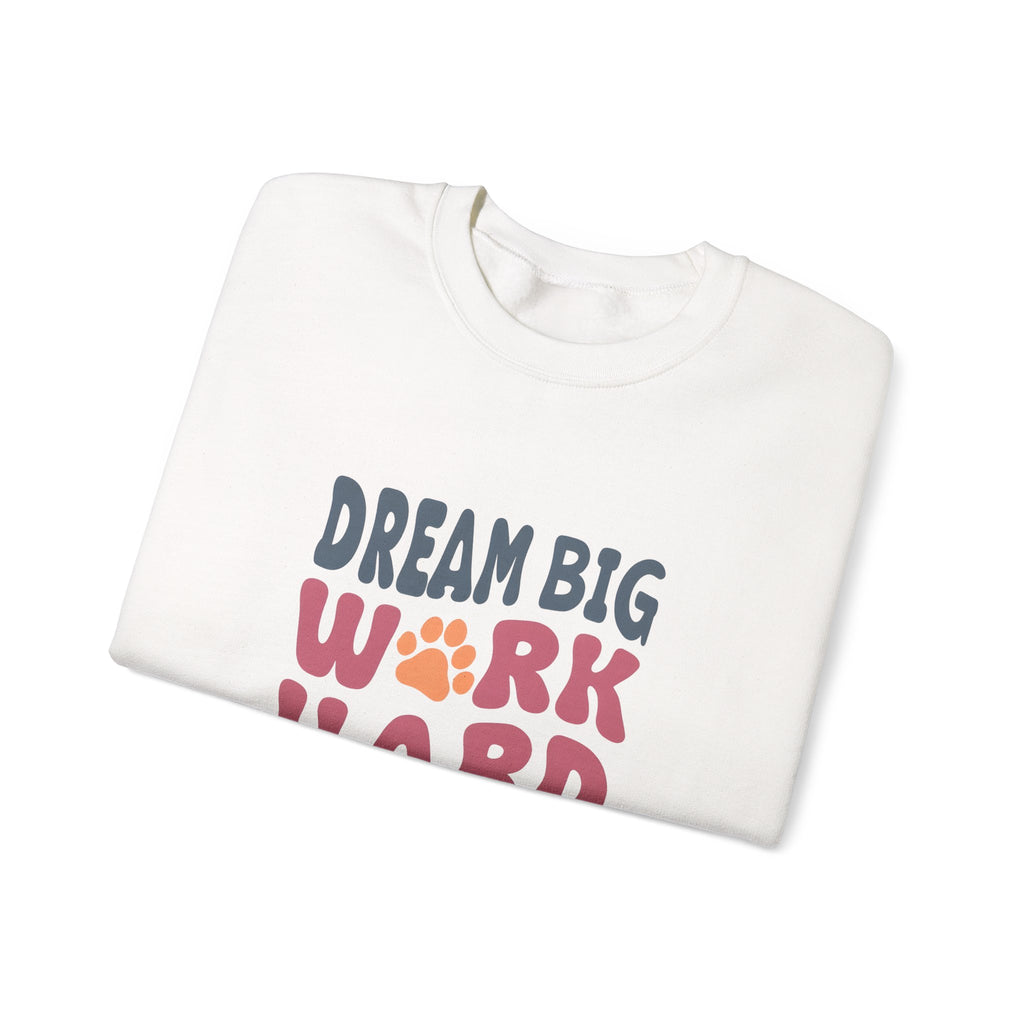 White crewneck sweatshirt with colorful motivational paw-print graphic, chest view