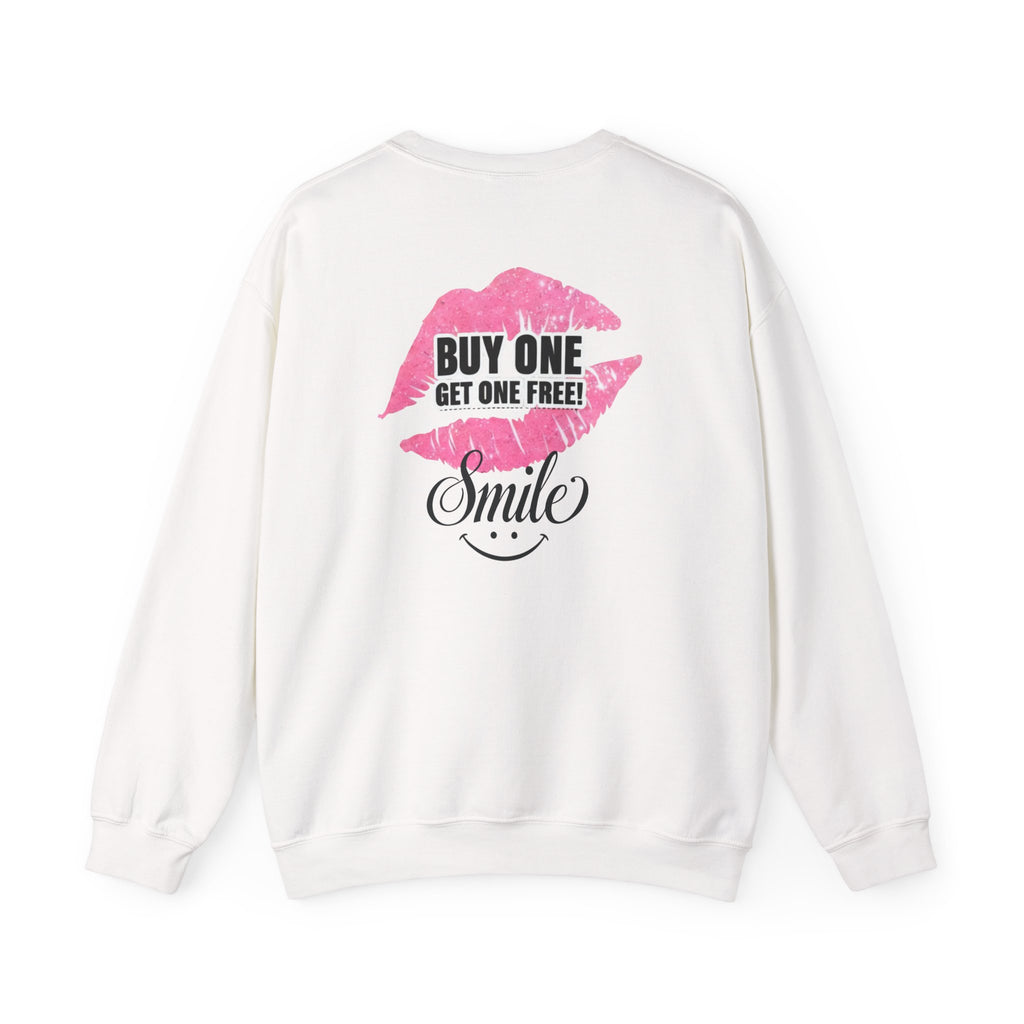 White crewneck sweatshirt with pink "Buy One Get One Free" Smile back graphic