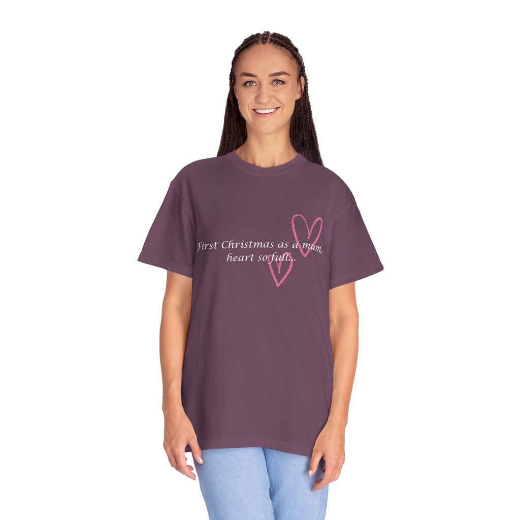 Women’s deep plum T-shirt worn by a model with pink “First Christmas as a mum” heart print