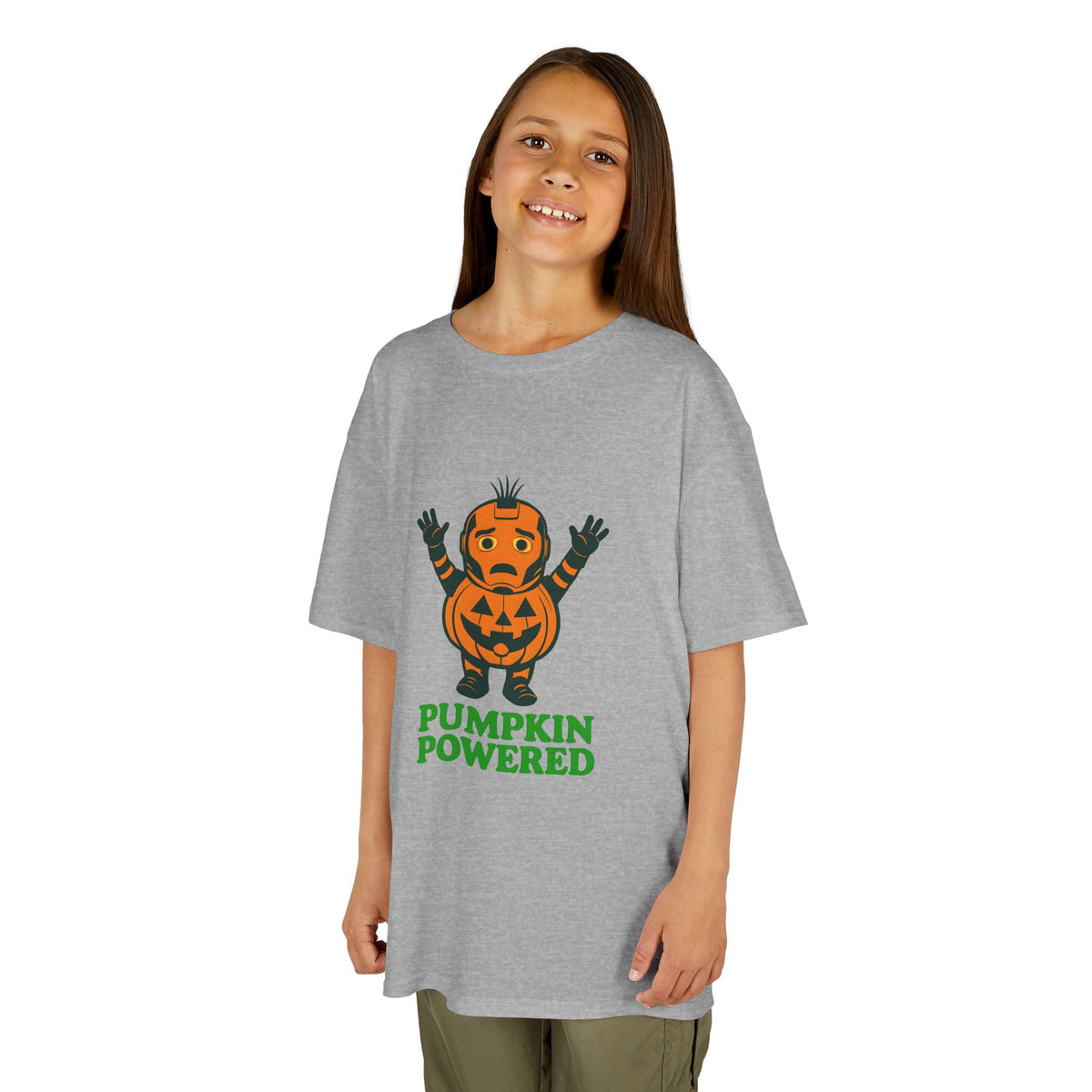 Kids Halloween T-shirt, heather gray, cartoon jack-o'-lantern graphic with “PUMPKIN POWERED”