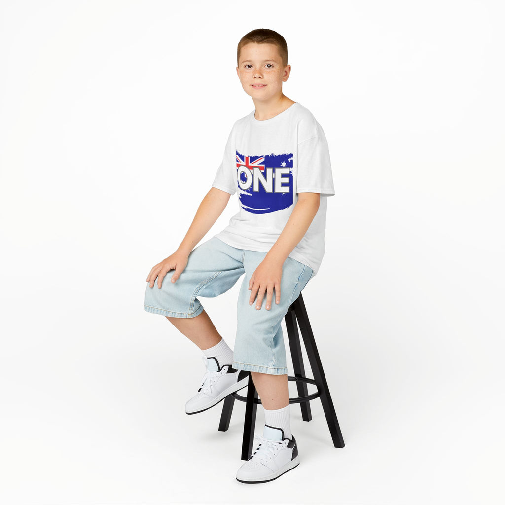 Kids Tee — "ONE" Australia Map Torn Flag Unity Design (Patriotic Australia Day Shirt)