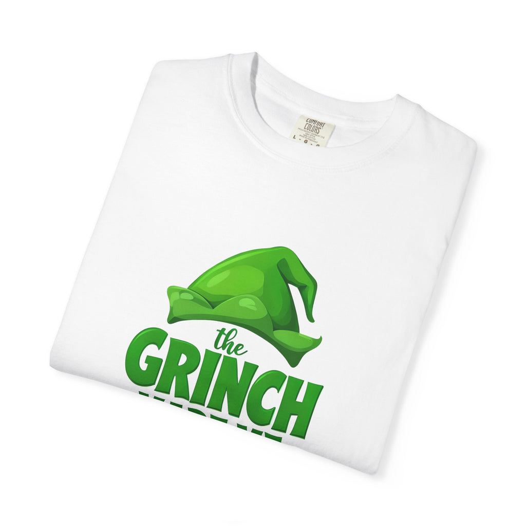 Unisex white t-shirt with large Grinch graphic on chest