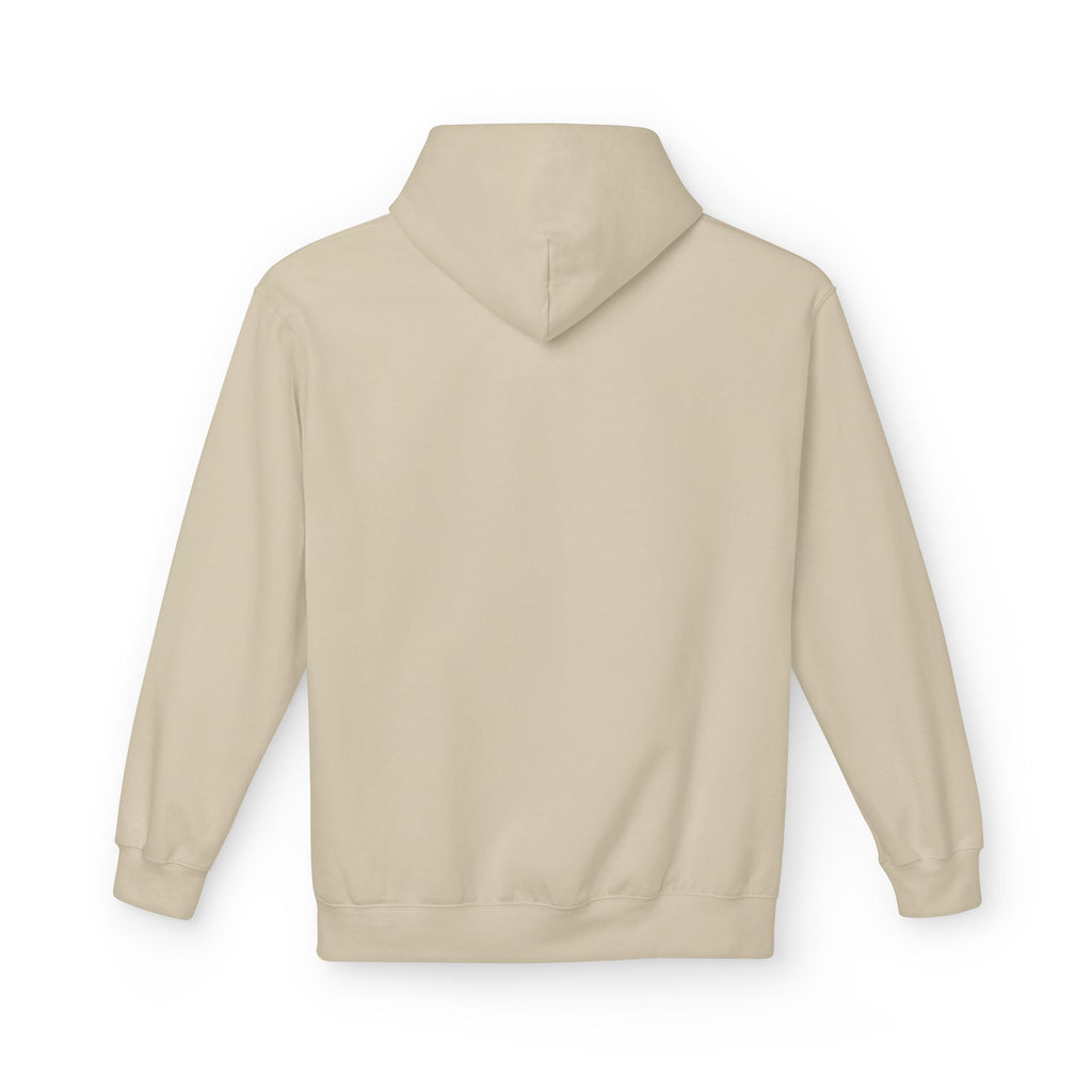Sand hoodie back view with plain fabric, hood, and long sleeves