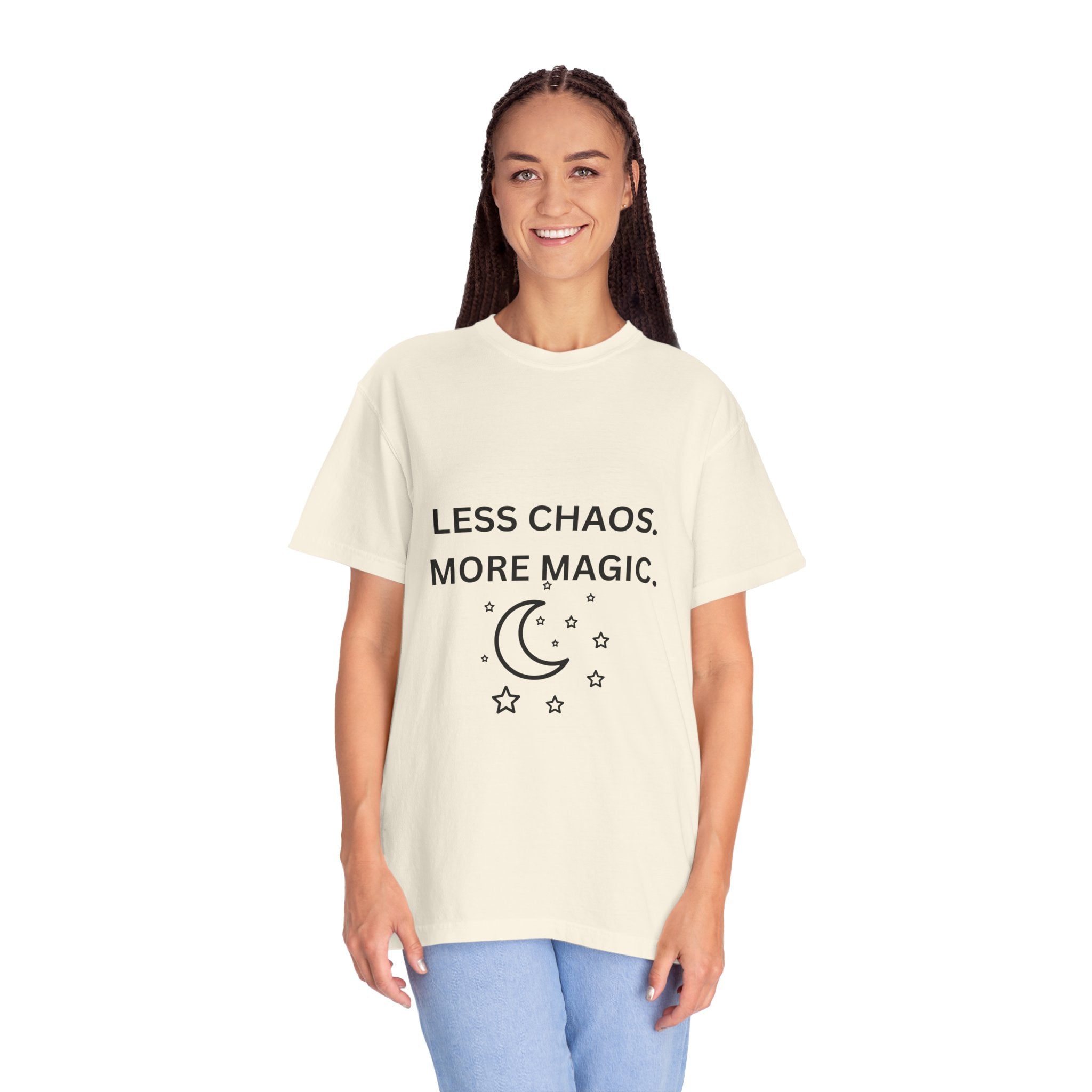 Less Chaos, More Magic T-Shirt — Crescent Moon + Stars Graphic Tee