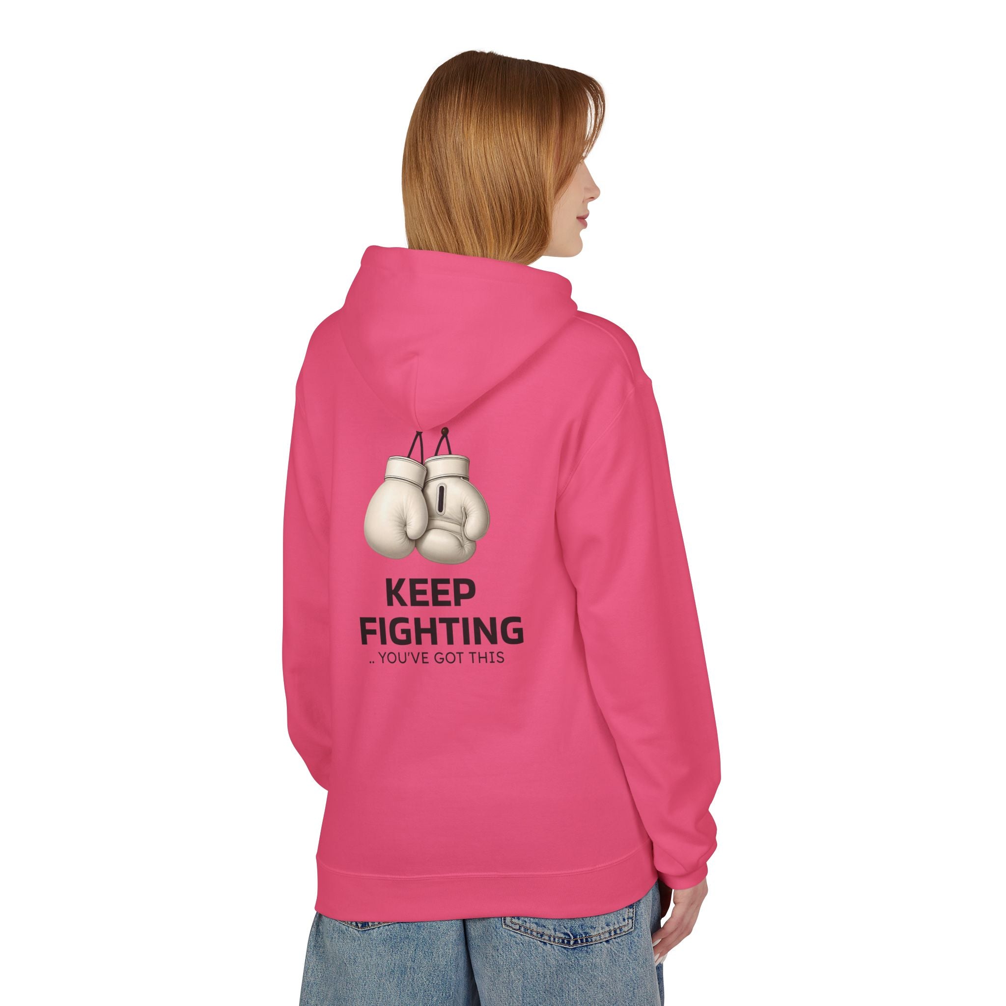 Pink hoodie with hood and kangaroo pocket, back graphic boxing gloves and “Keep Fighting”