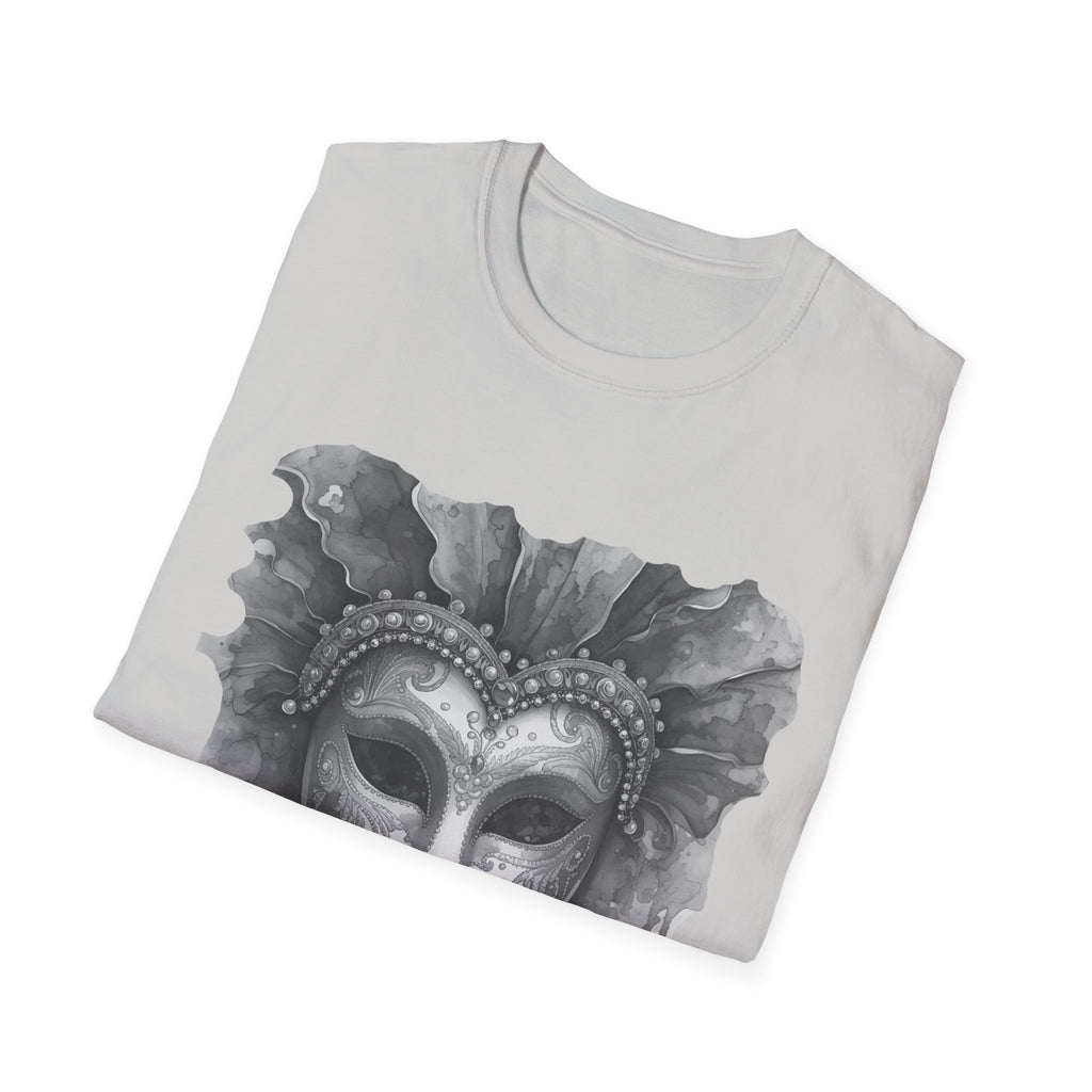 Light gray crew-neck face graphic t-shirt with grayscale masquerade mask watercolor print