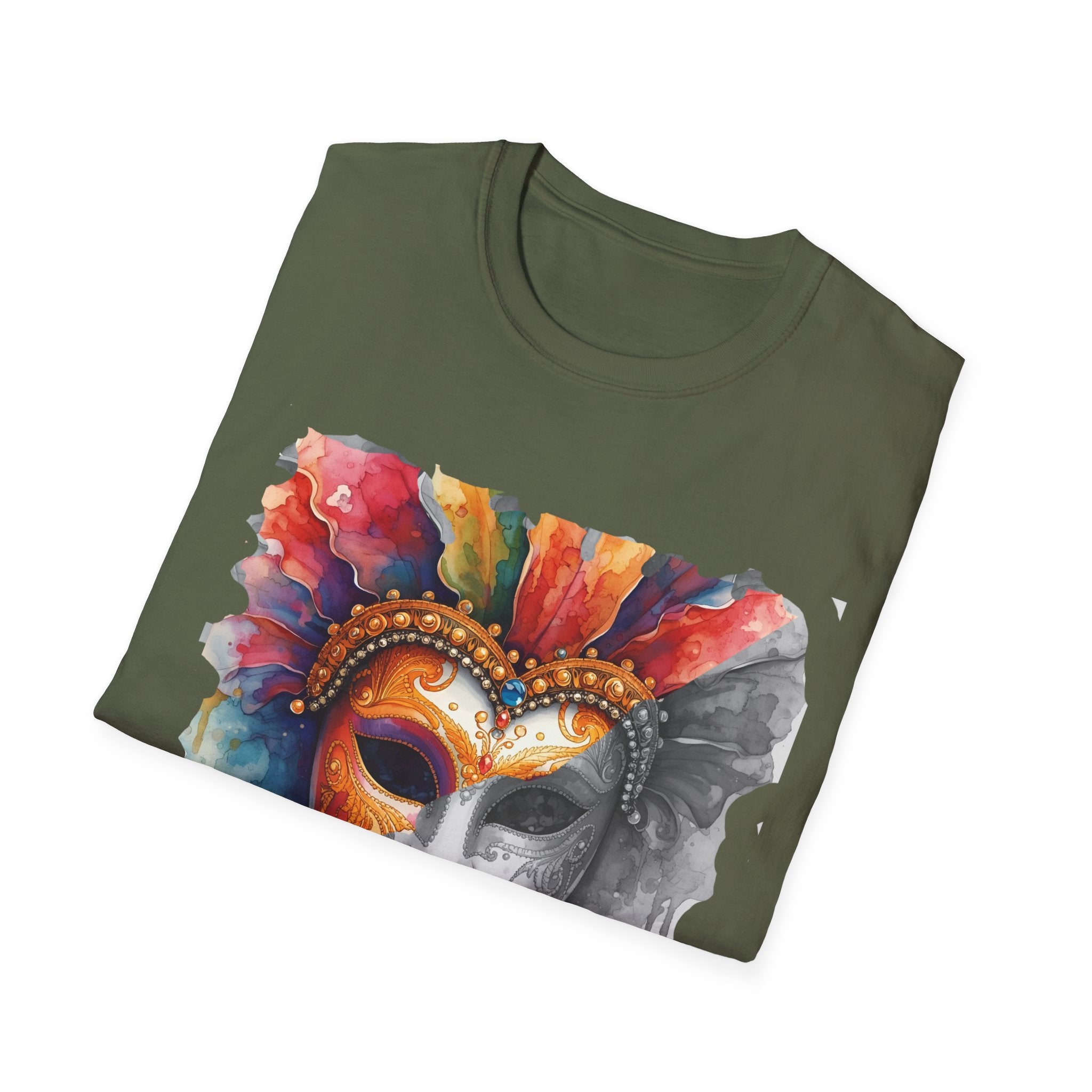 Military green Masquerade Face T-shirt with watercolor masquerade mask graphic on front