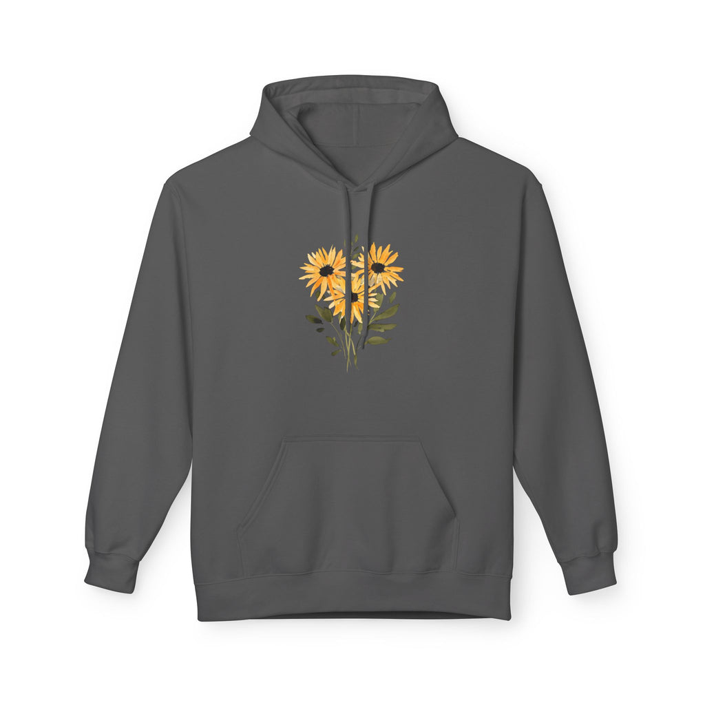 Dark grey hoodie with hood drawstrings, kangaroo pocket, and sunflower heart chest graphic