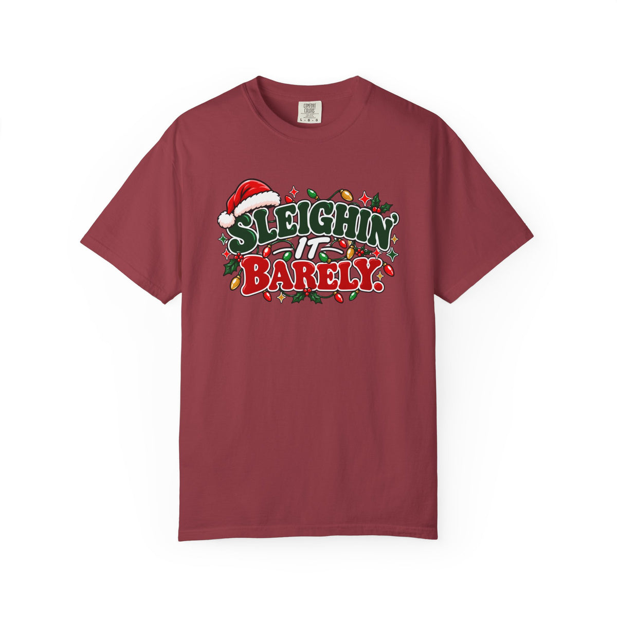 Burgundy crewneck t-shirt with "Sleighin' It Barely" holiday graphic print