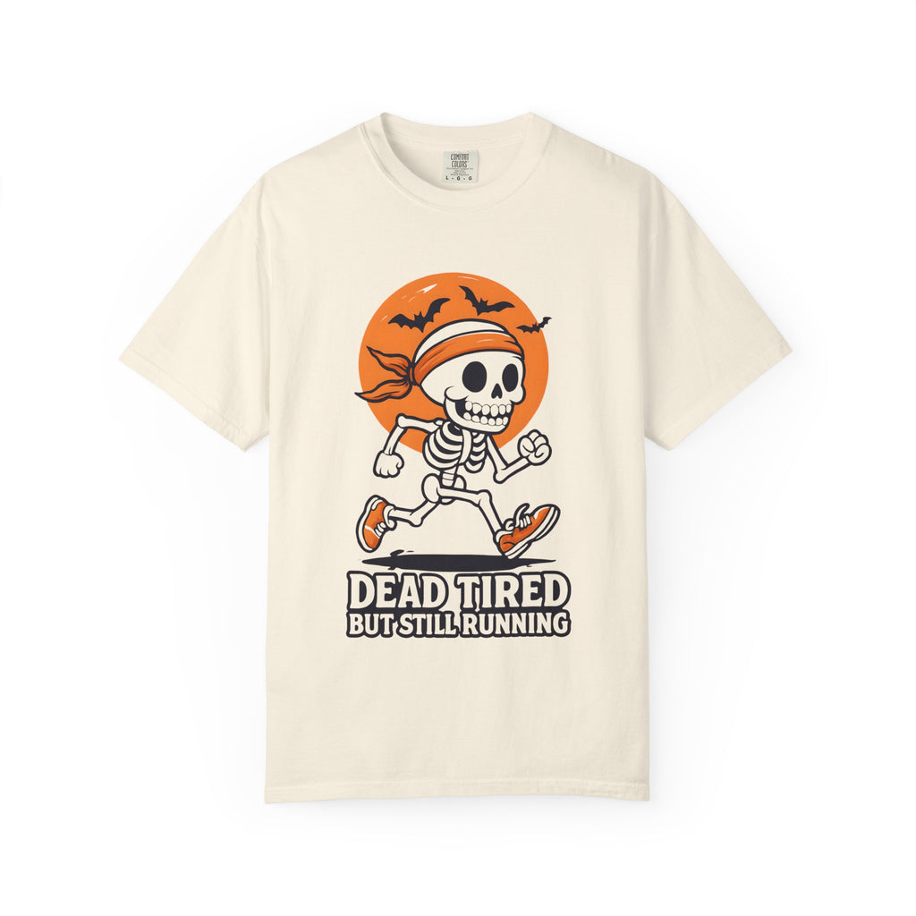 Ivory crewneck Halloween T-shirt with skull runner graphic and 'Dead Tired' text