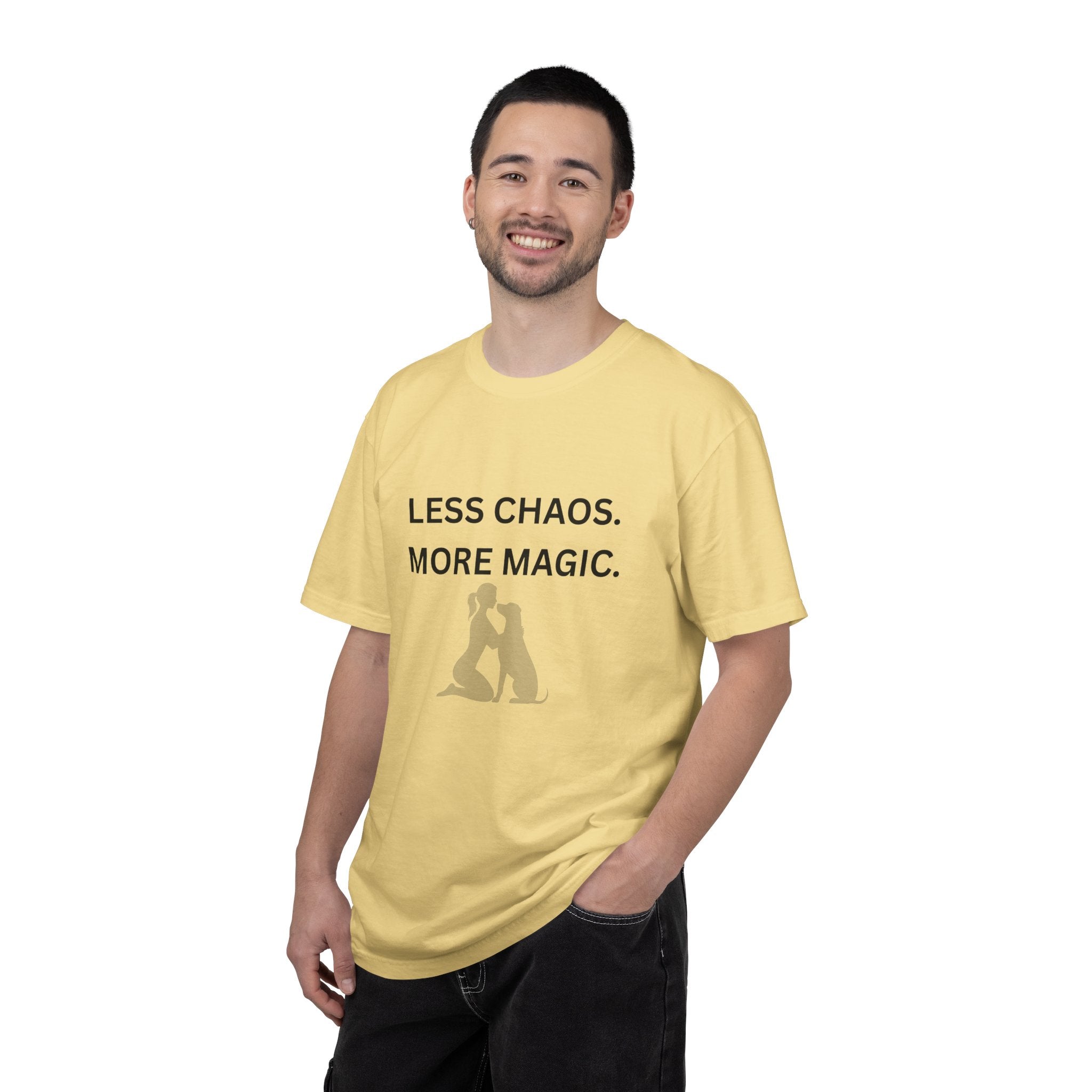 Less Chaos, More Magic T-Shirt — Woman + Dog Silhouette Graphic Tee