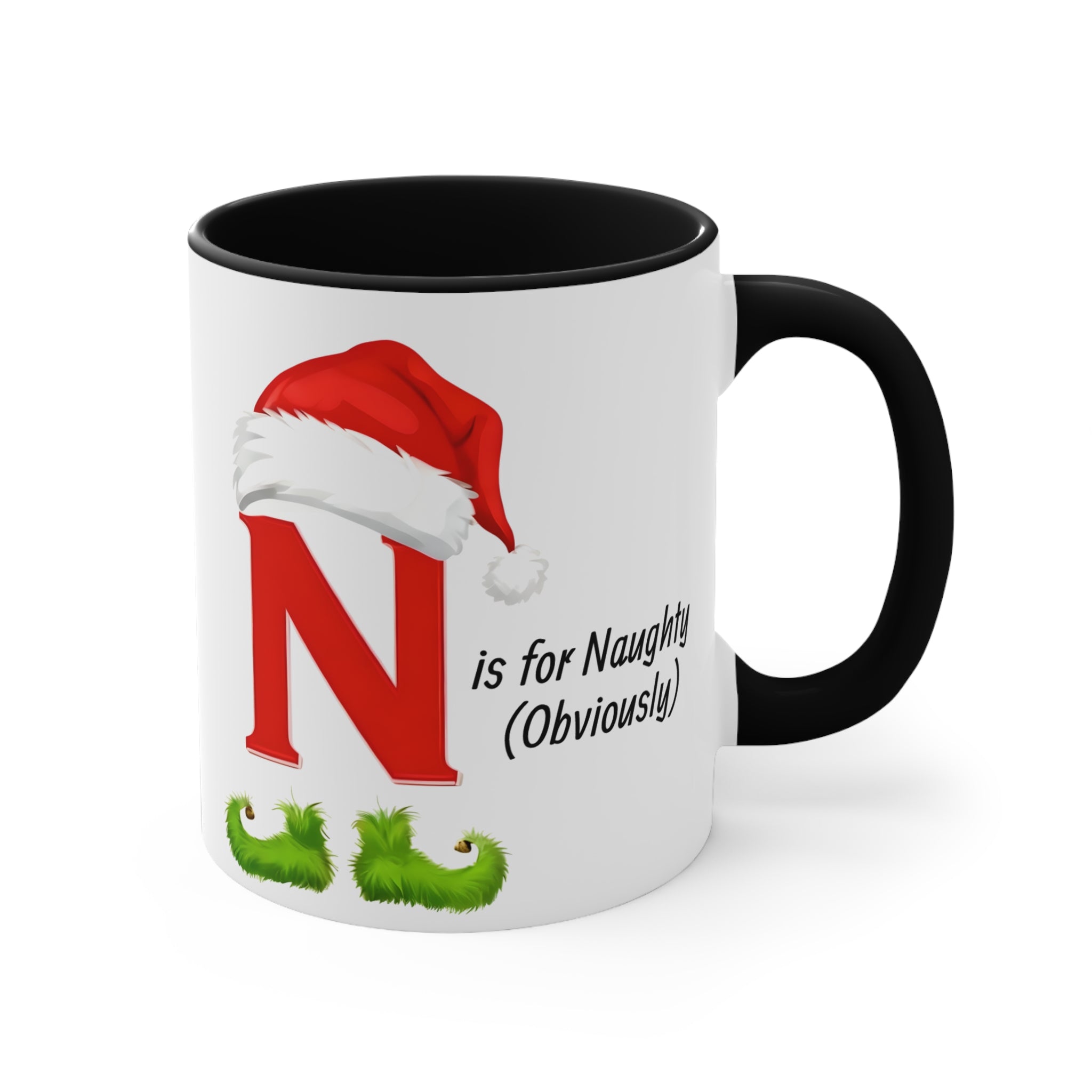 White mug with black handle, red N under Santa hat, 'is for Naughty (Obviously)' text