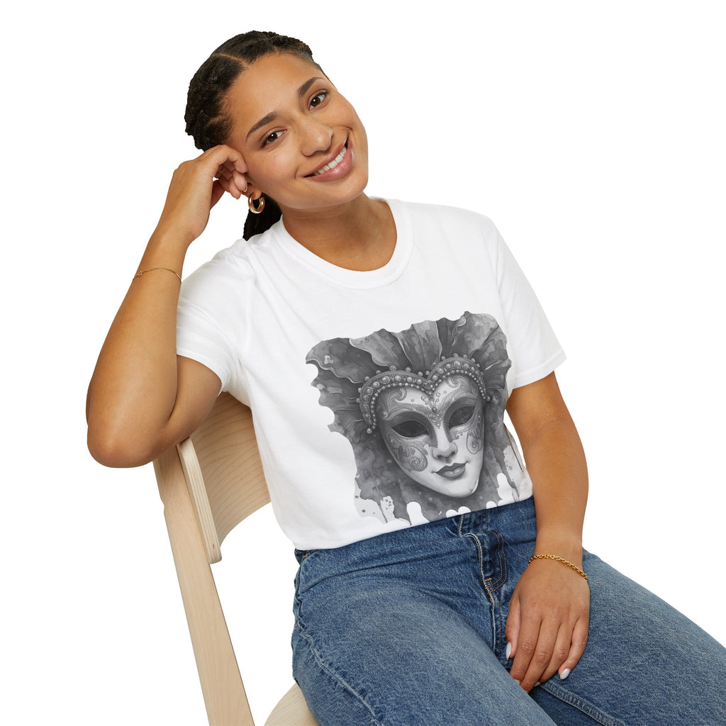 White face T-shirt with masquerade mask graphic on chest, model wearing it