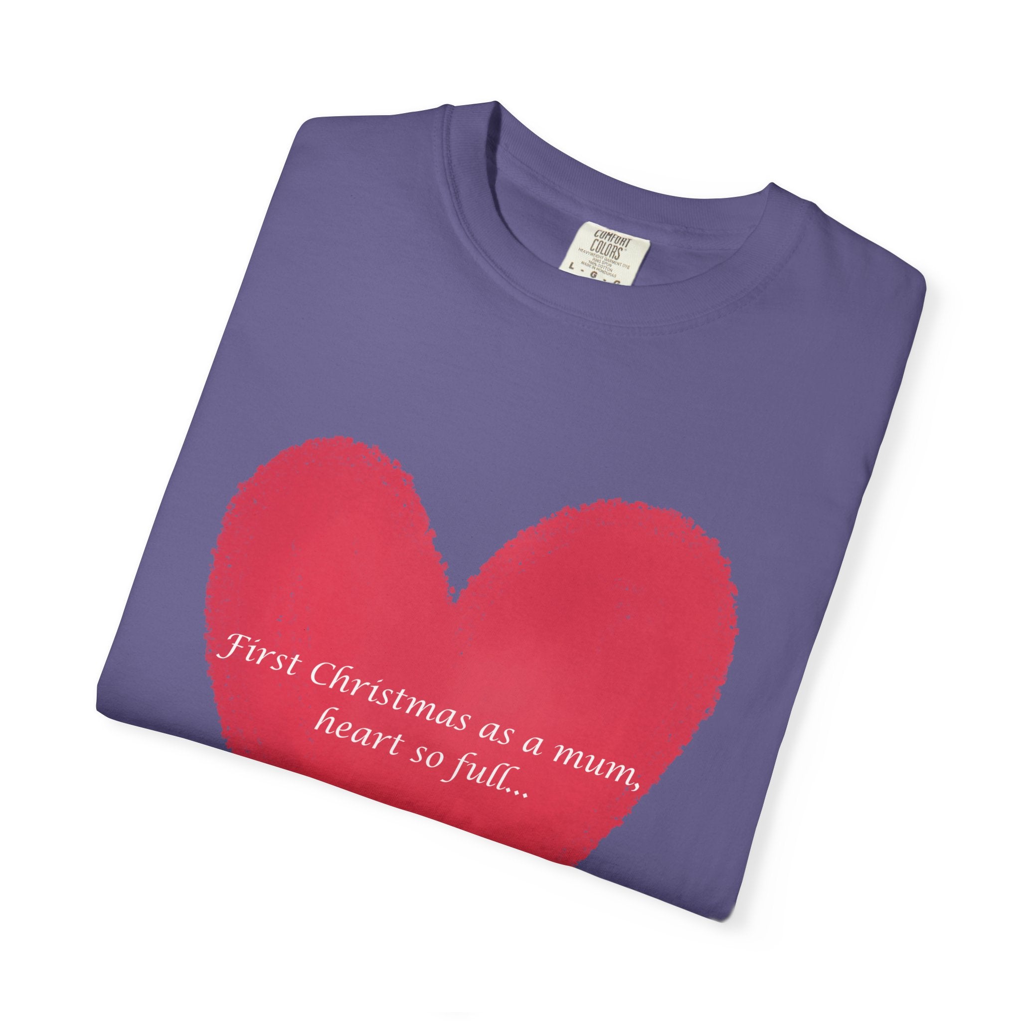 Lavender crew-neck T-shirt, folded, with red painted heart graphic and script text
