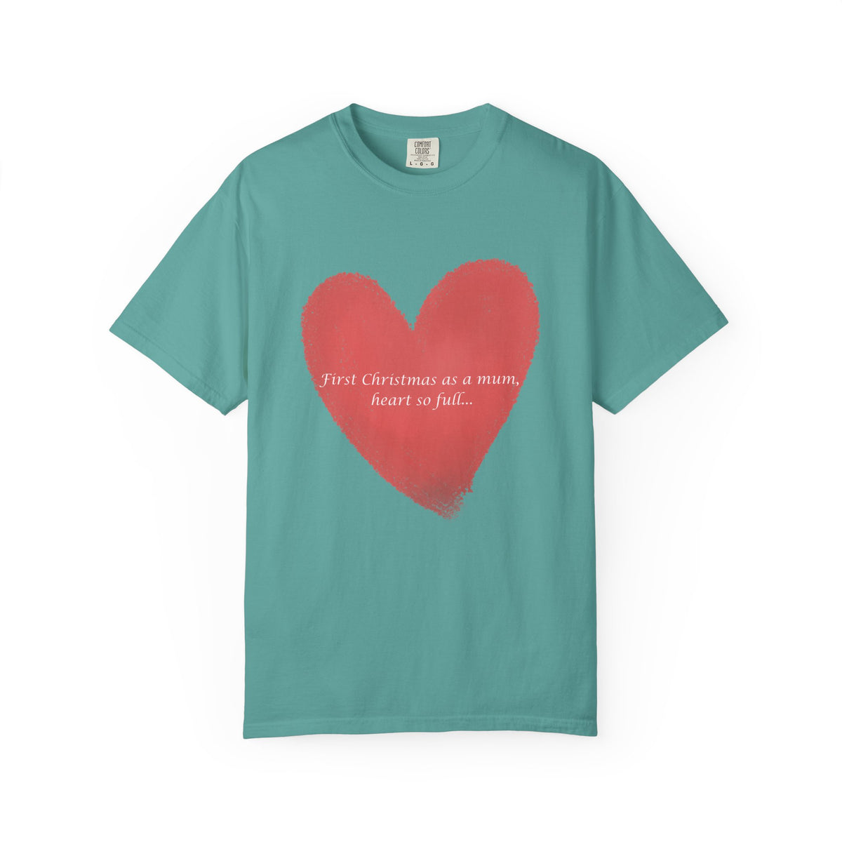 Teal T-shirt with red painted heart graphic and cursive text on the chest