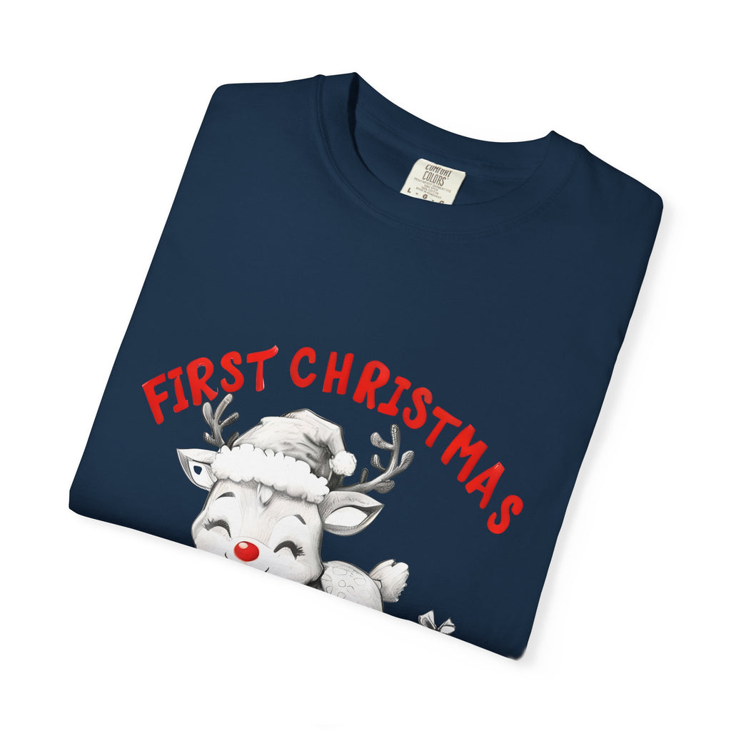 Navy Christmas t-shirt with reindeer face and 'First Christmas Auntie 2025' text