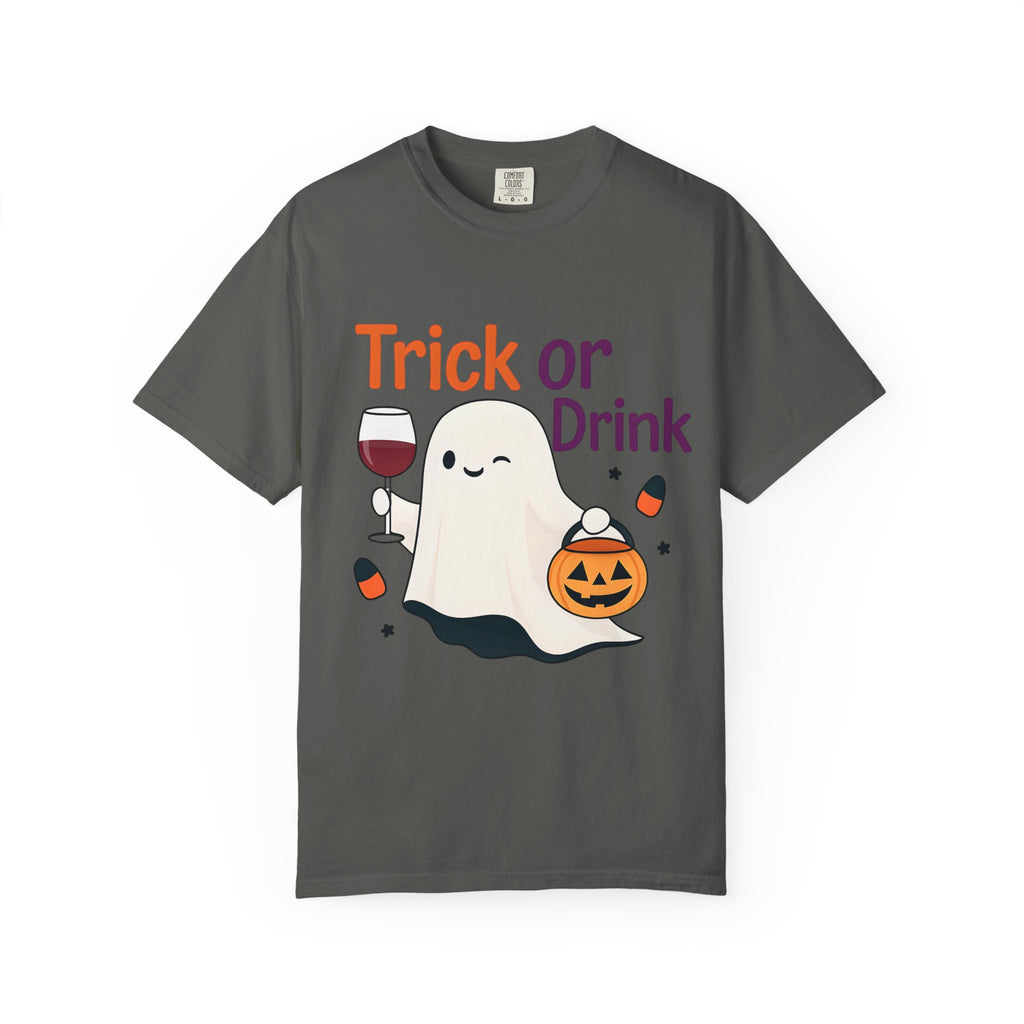 Dark gray Halloween ghost t-shirt, 'Trick or Drink' ghost with pumpkin