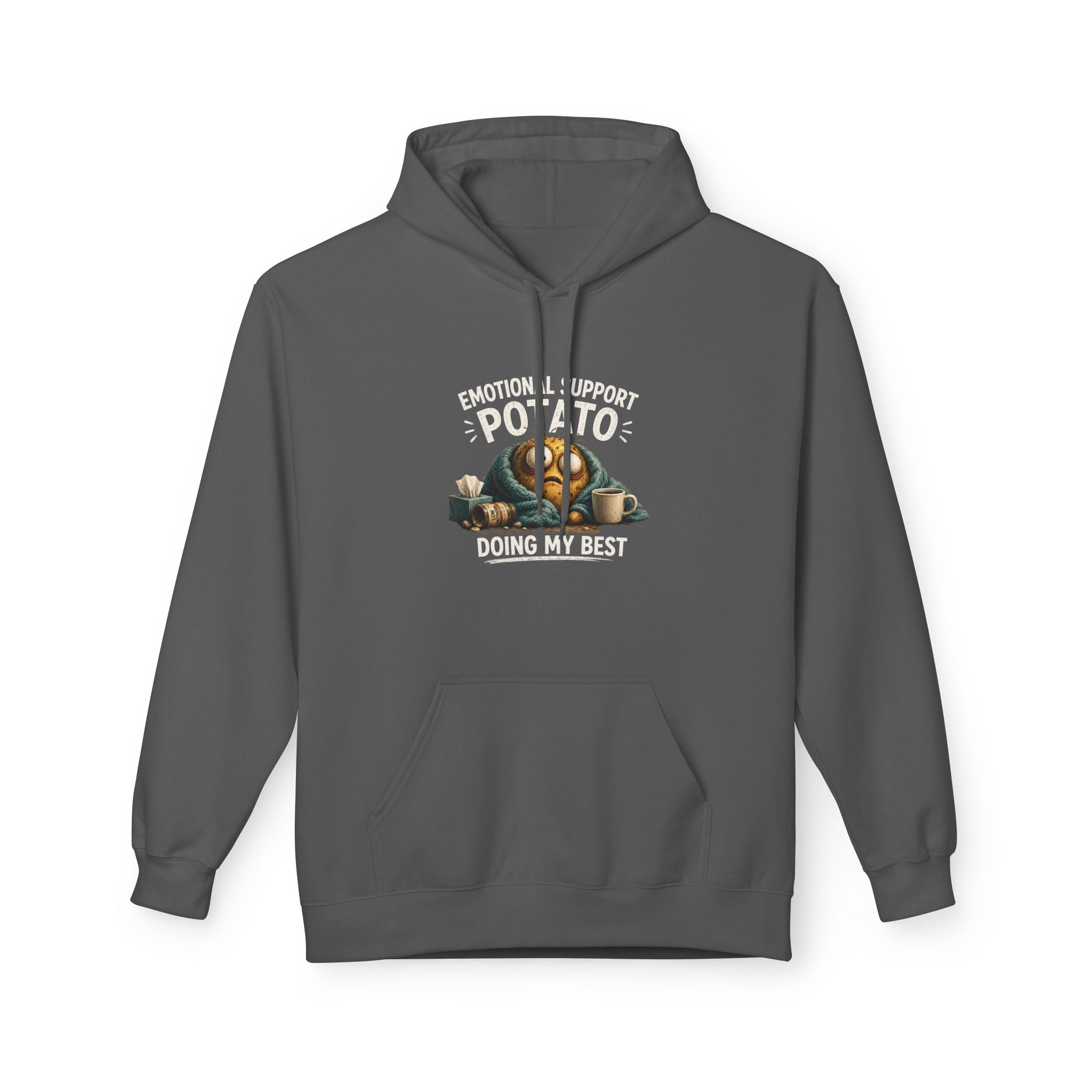 Charcoal pullover hoodie with front potato graphic and "Doing my best" text