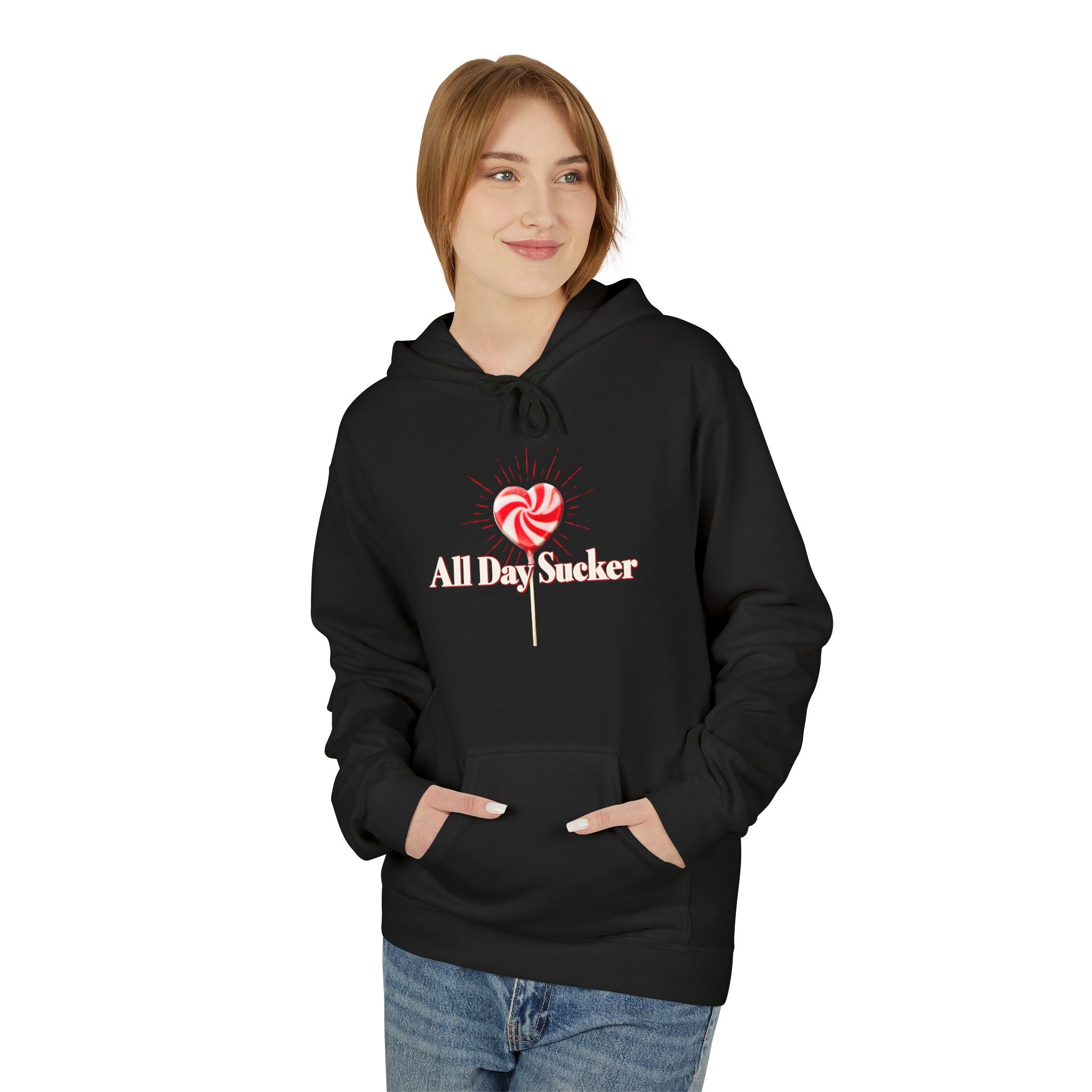 Black unisex hoodie with front kangaroo pocket, drawstring hood, and red lollipop graphic