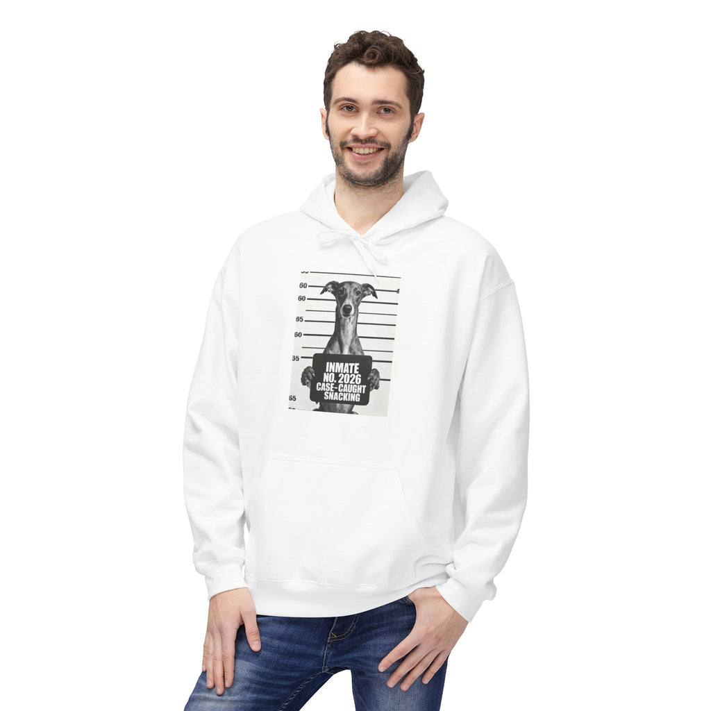 White hoodie with dog graphic print in frame, front kangaroo pocket and hood