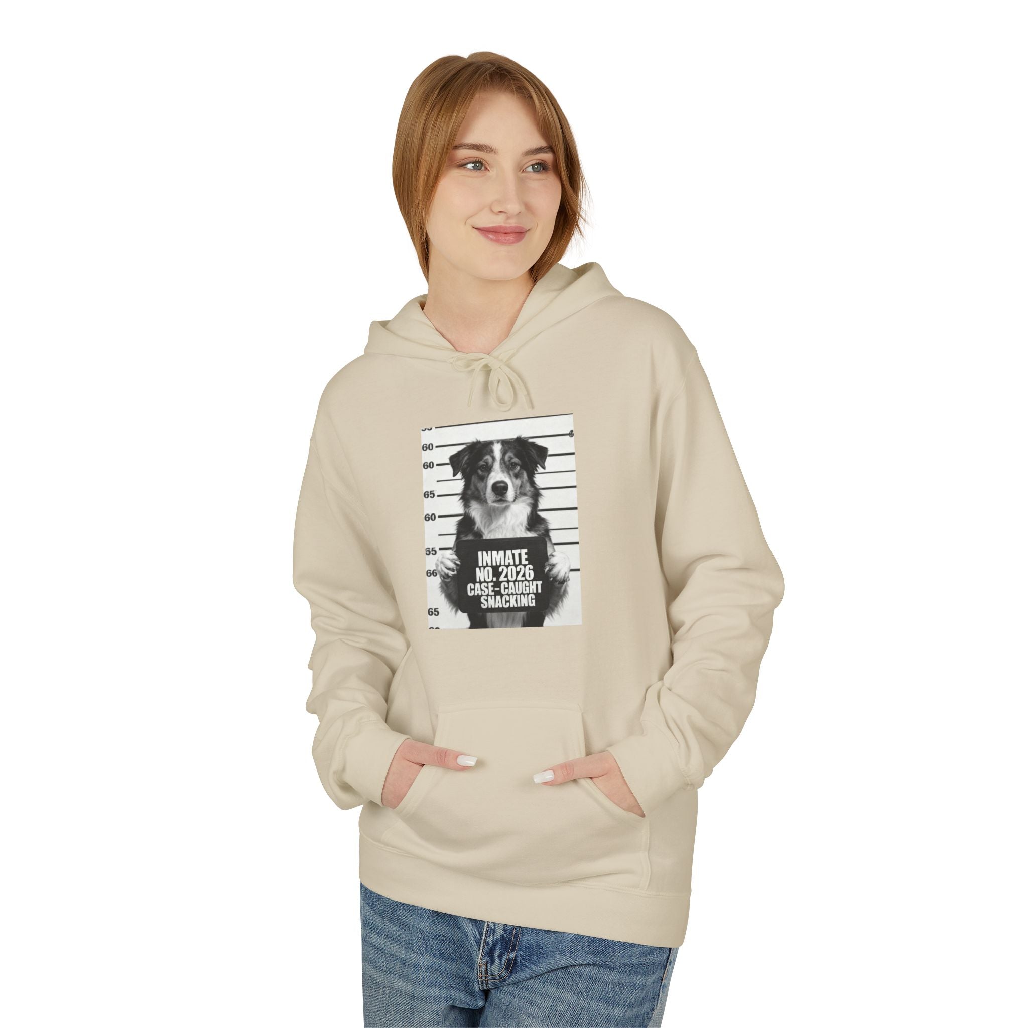 Sand hoodie with drawstring hood and front pouch pocket, featuring a dog graphic chest print