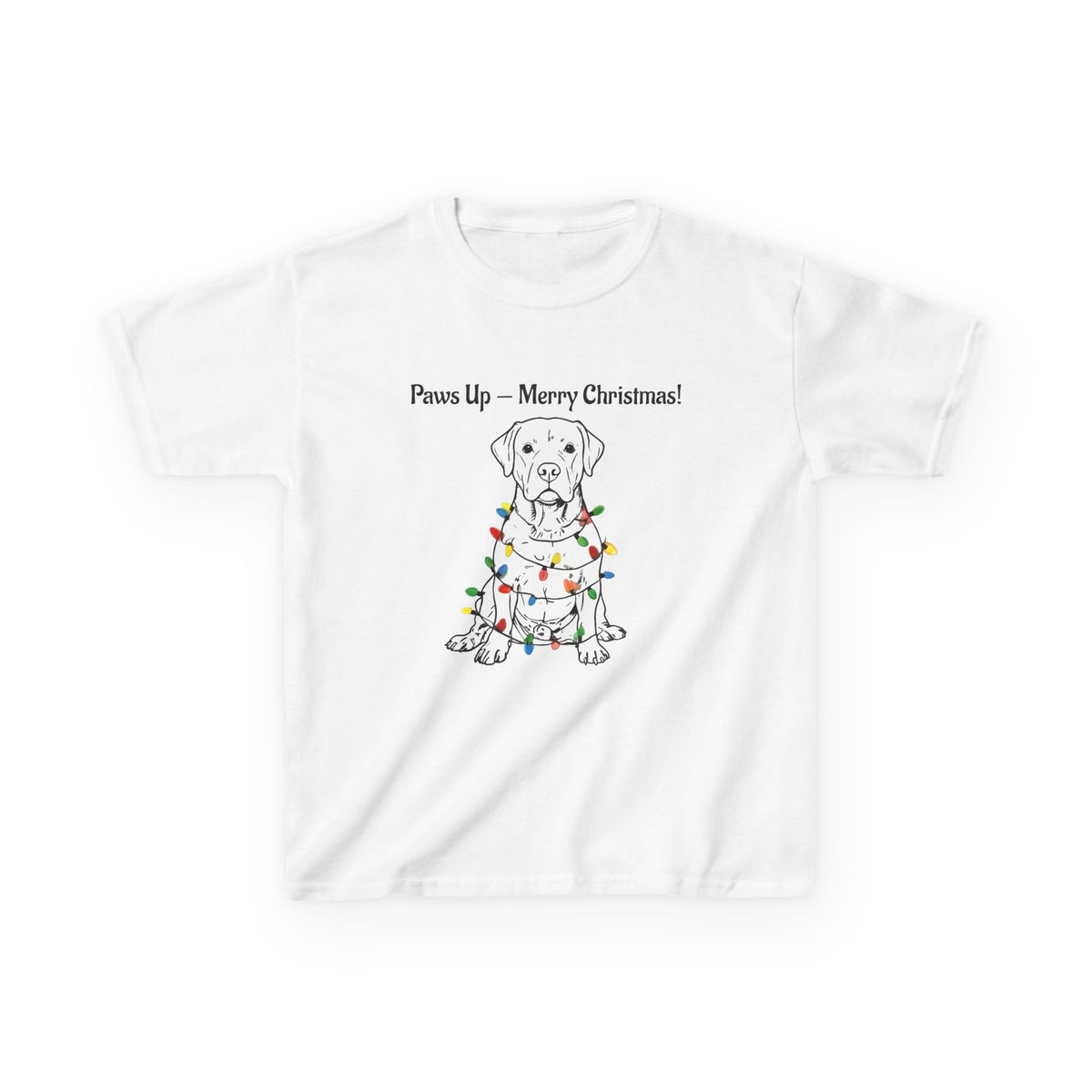 Kids white tee with dog wearing Christmas lights graphic, crew neck.