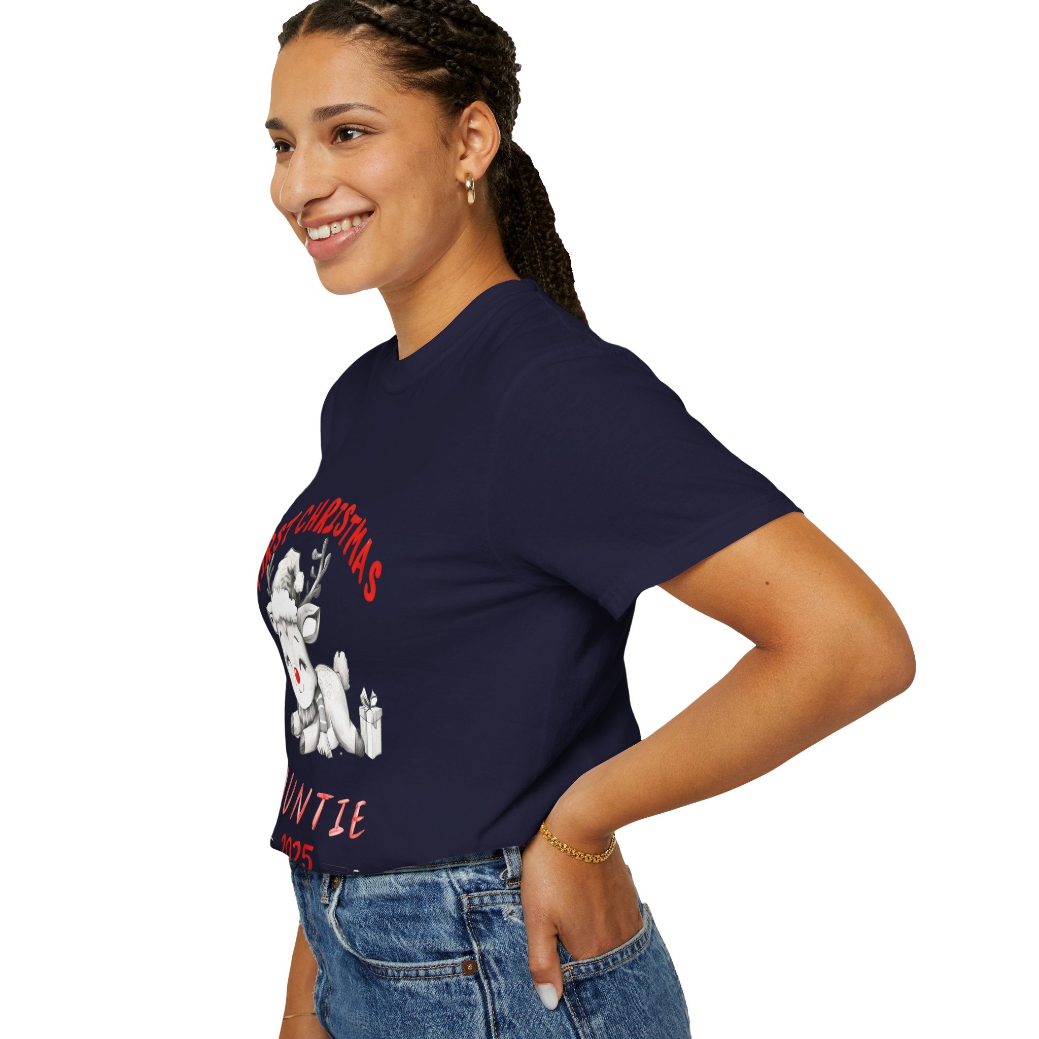 Navy Christmas auntie T-shirt on model, side view showing reindeer and red "2025" text