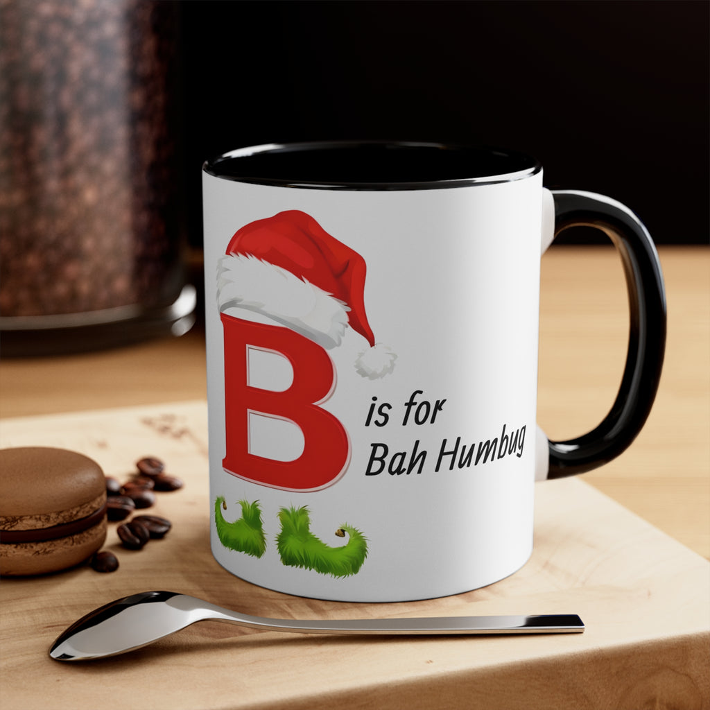 Christmas letter B mug, white with black handle and rim, Santa hat “B” and “Bah Humbug”