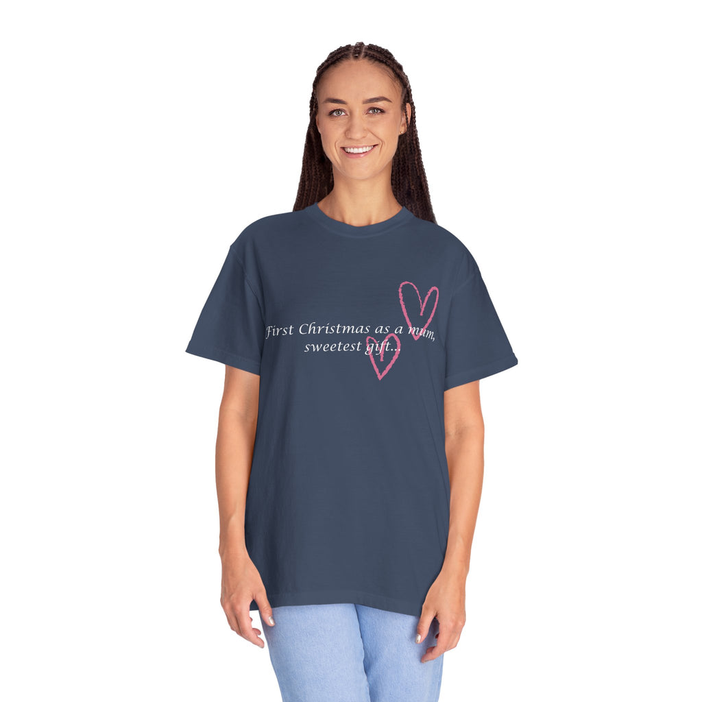 Navy crewneck T-shirt on model with pink heart graphic and 'First Christmas as a mum' text