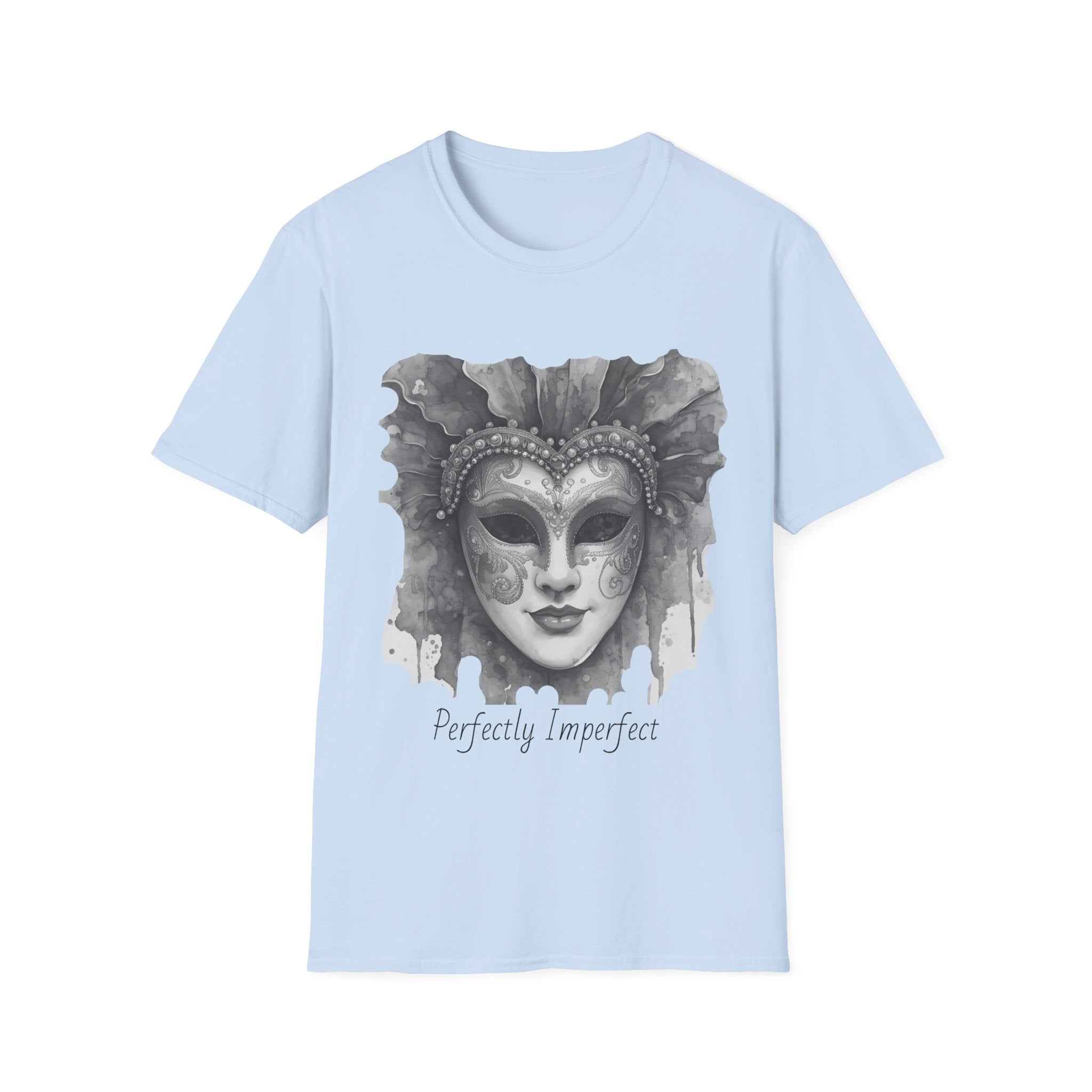 Masquerade face T-shirt in light blue with grayscale mask graphic and “Perfectly Imperfect” text