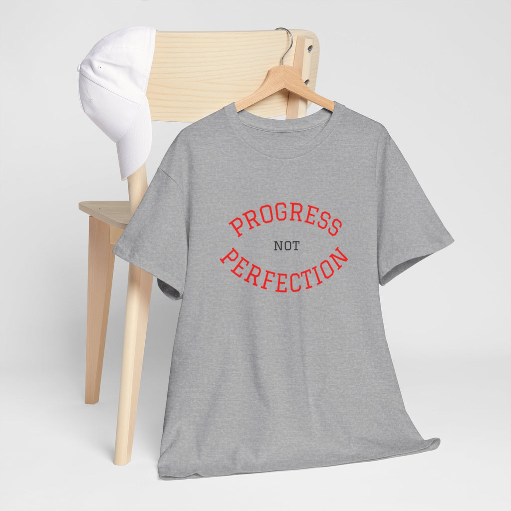 Sport grey unisex cotton T-shirt with red and white "Progress not Perfection" print