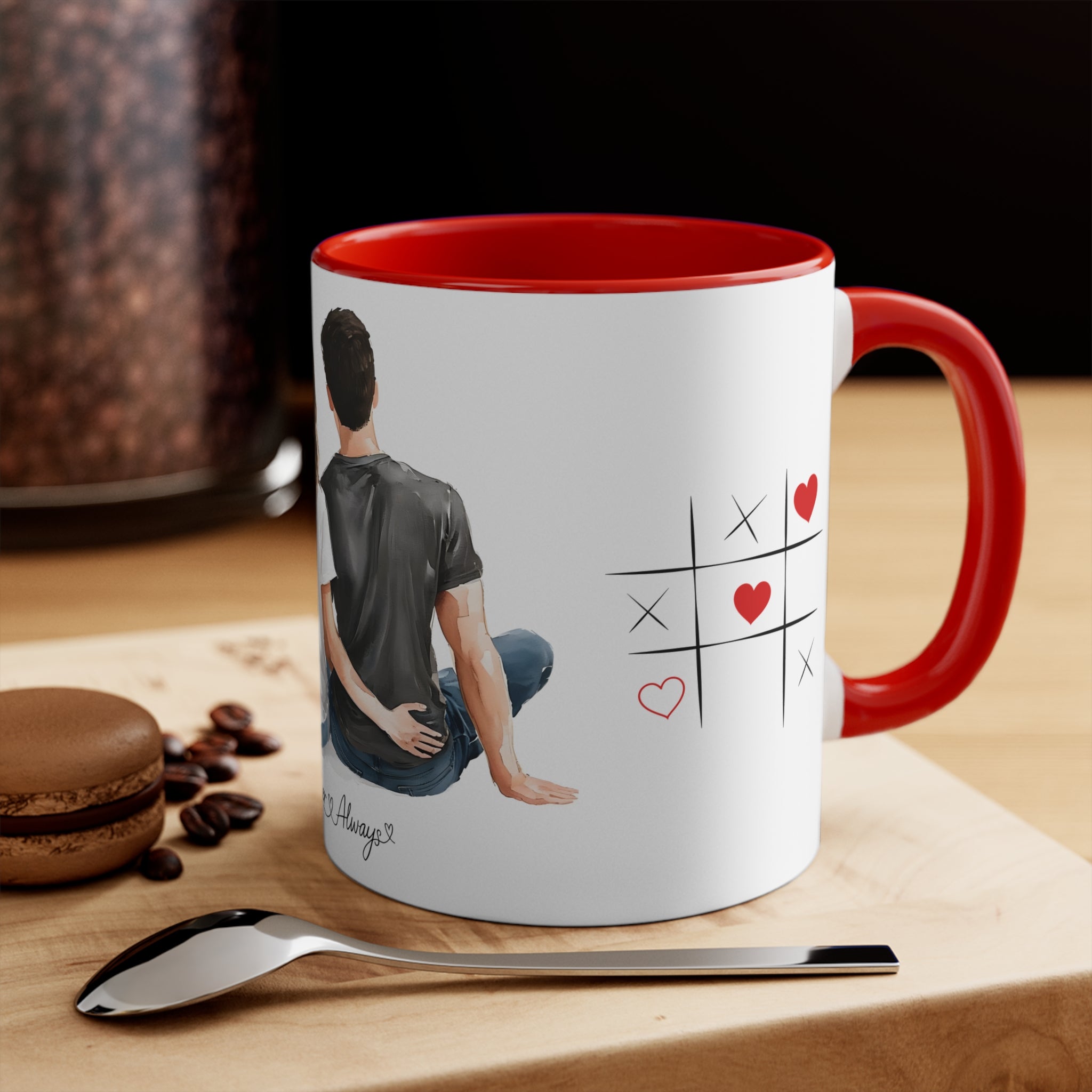 White ceramic accent mug with red interior, featuring a couple illustration and heart grid design