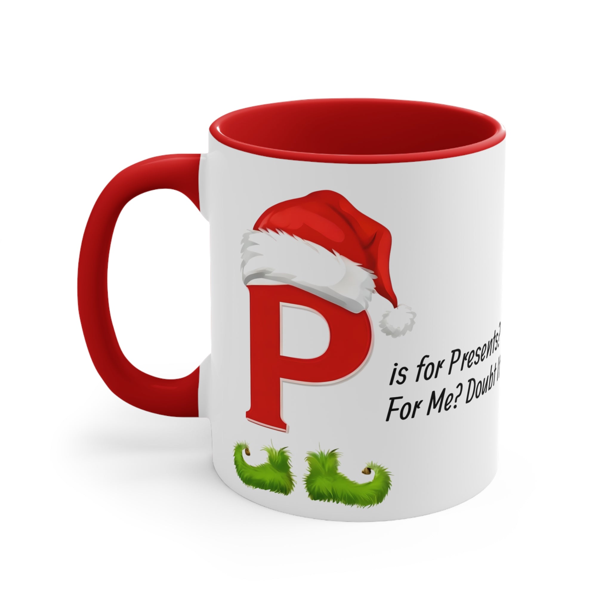 Ceramic mug with white body, red handle and interior, red letter P holiday design.
