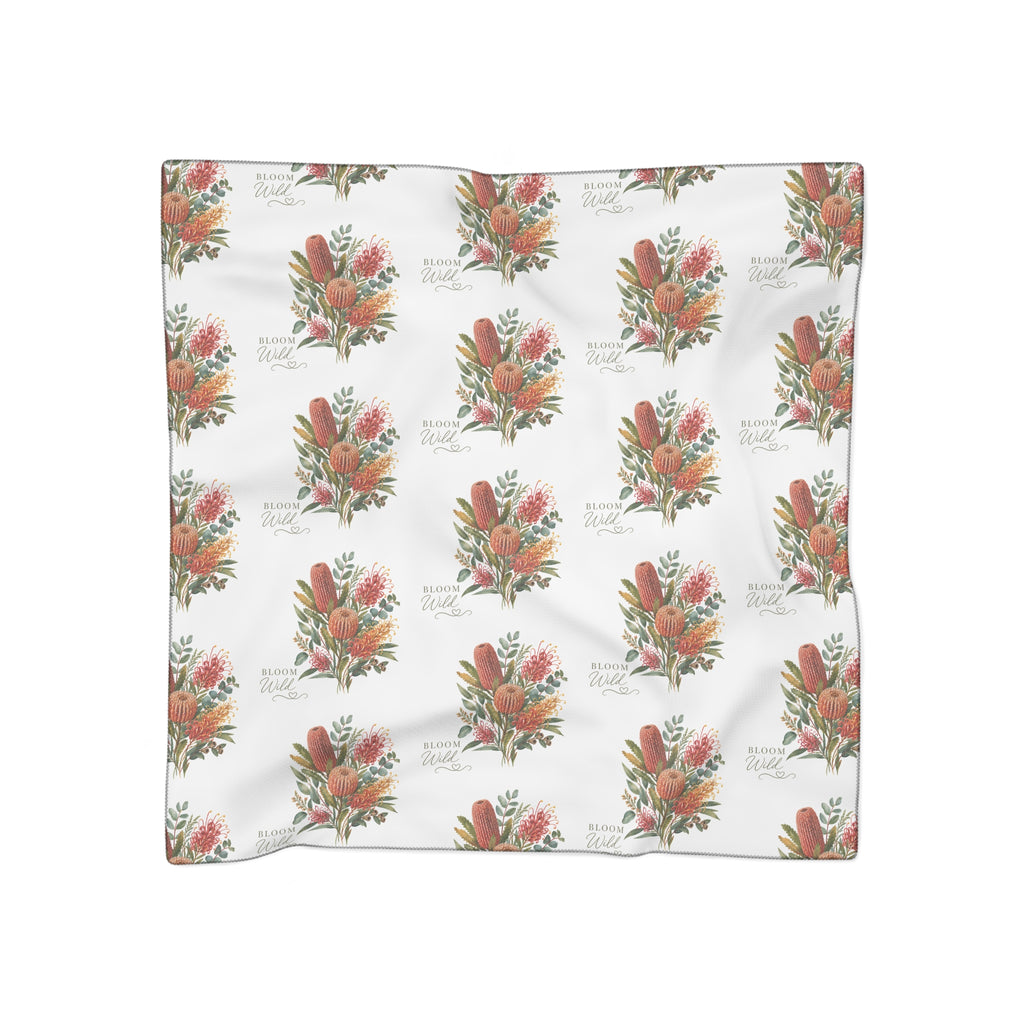 Lightweight floral scarf in white with orange, pink and green bouquet print