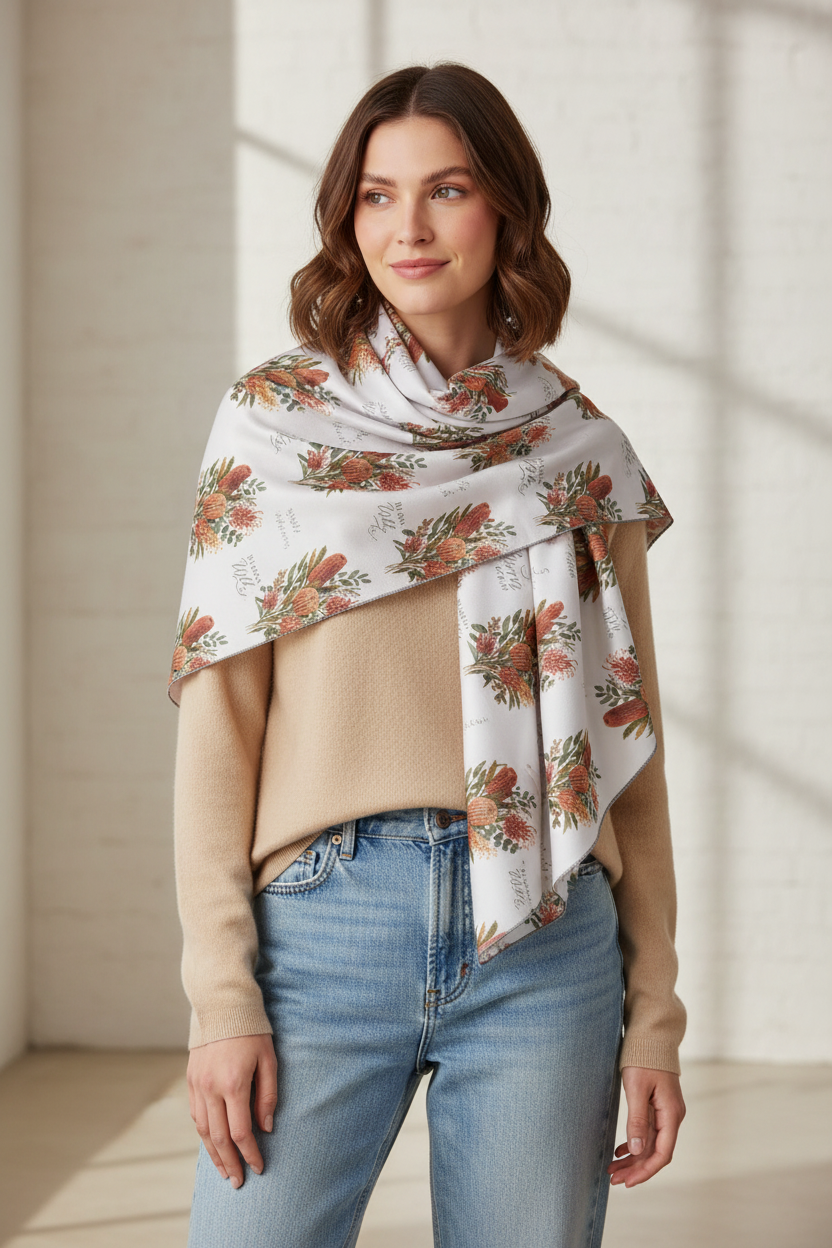 Floral lightweight scarf on model, white with orange-pink bouquet print