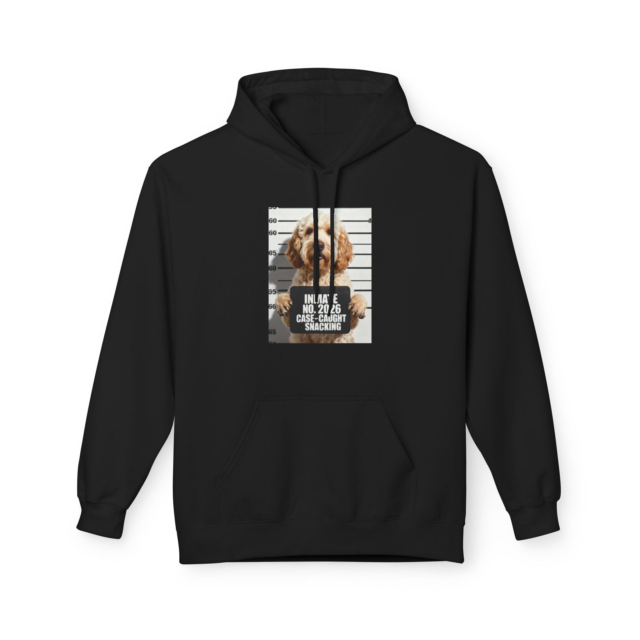 Black hoodie with front hood and centered dog mugshot graphic