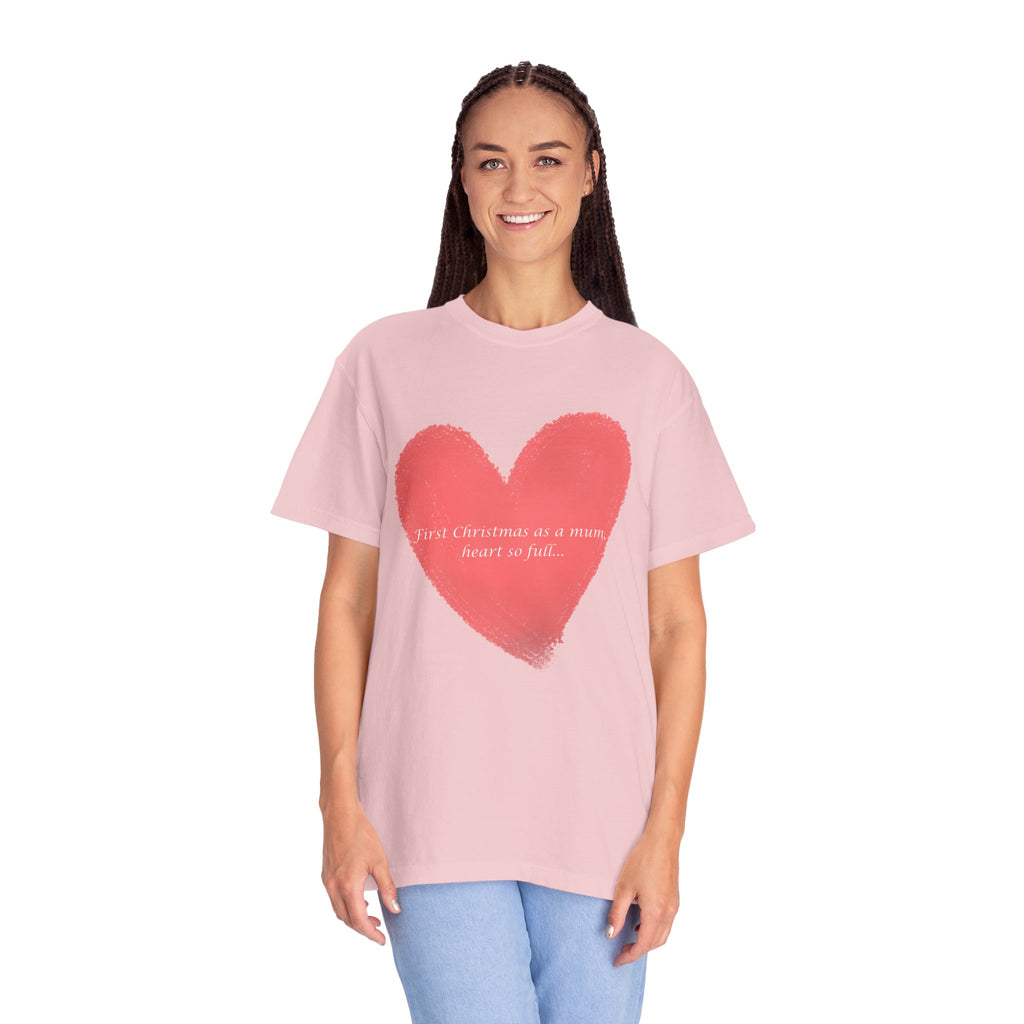 Blush pink short-sleeve T-shirt with red painted heart graphic on the chest