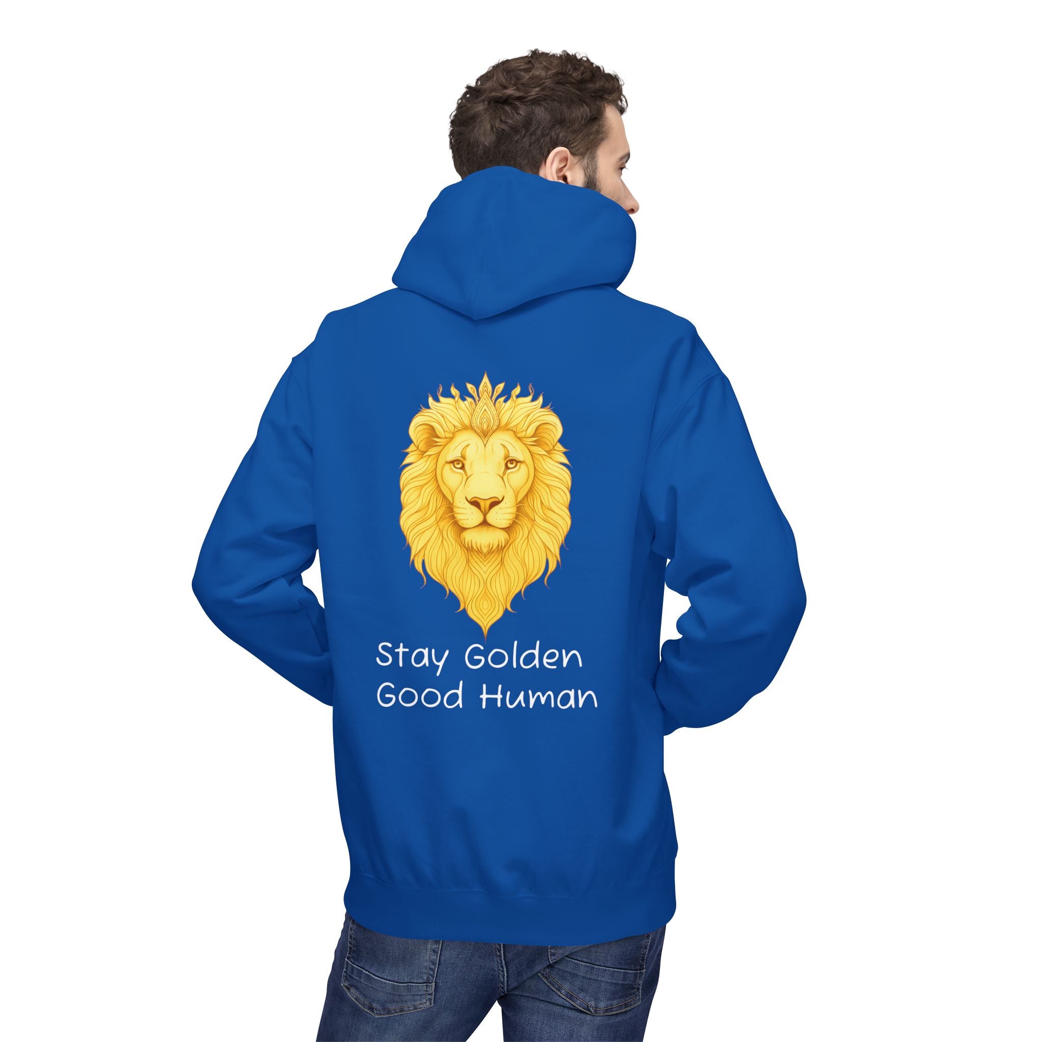 Royal blue unisex hoodie, back print with golden lion head and text under hood
