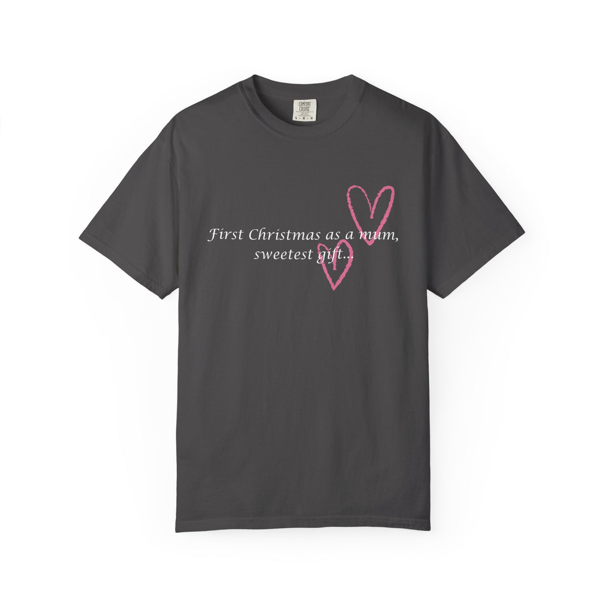 Graphite gray women's Christmas mum T-shirt with pink heart graphic and 'sweetest gift' text