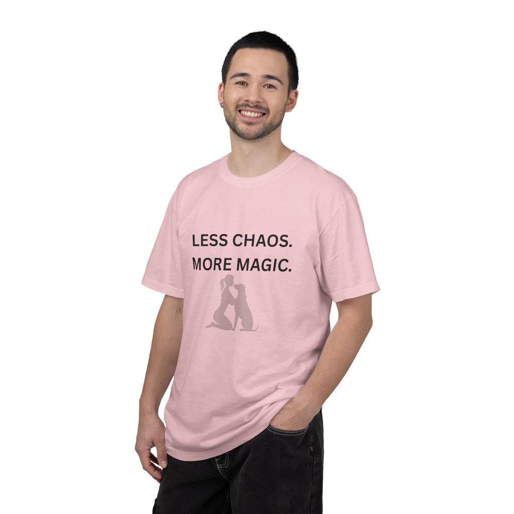 Less Chaos, More Magic T-Shirt — Woman + Dog Silhouette Graphic Tee