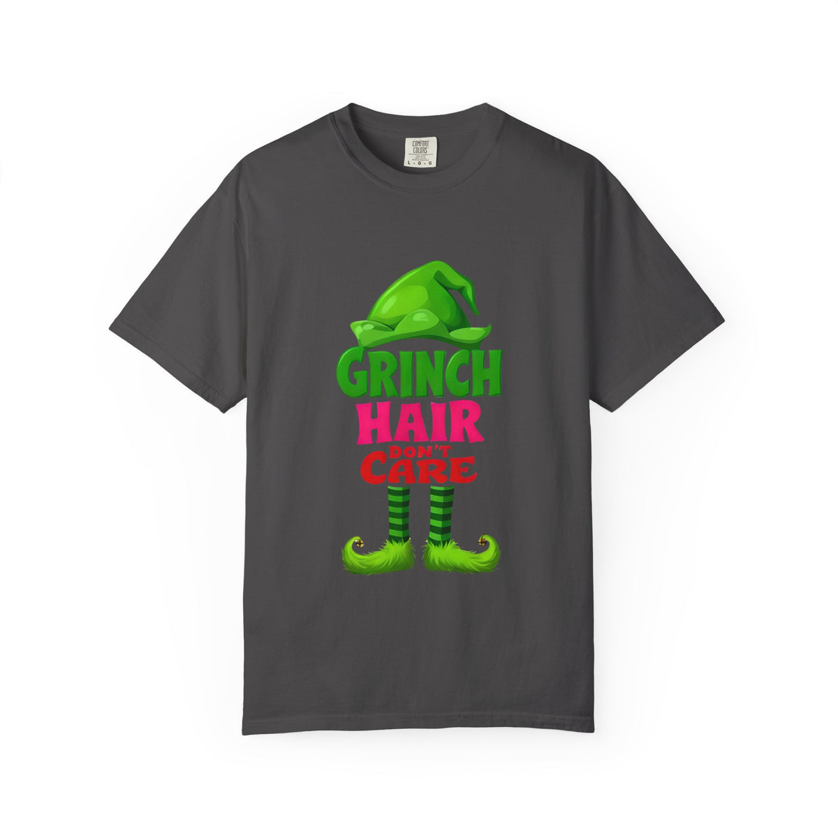 Charcoal crew-neck T-shirt with Grinch Hair Don't Care front graphic