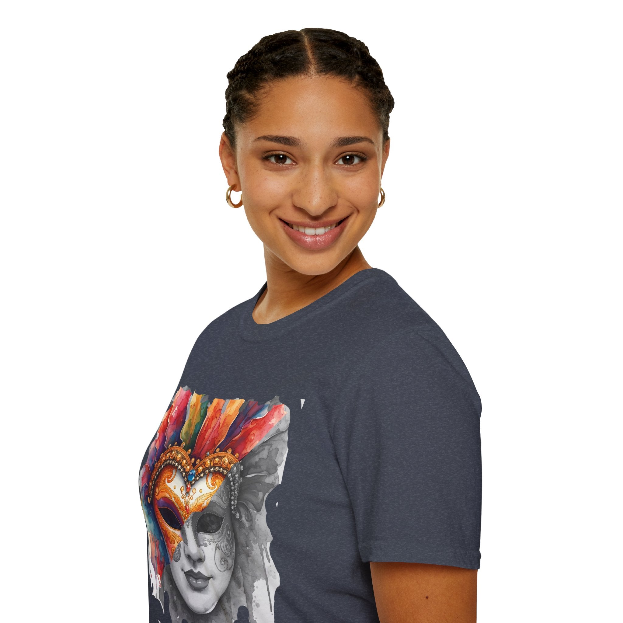 Navy crewneck T-shirt with watercolor masquerade face graphic front