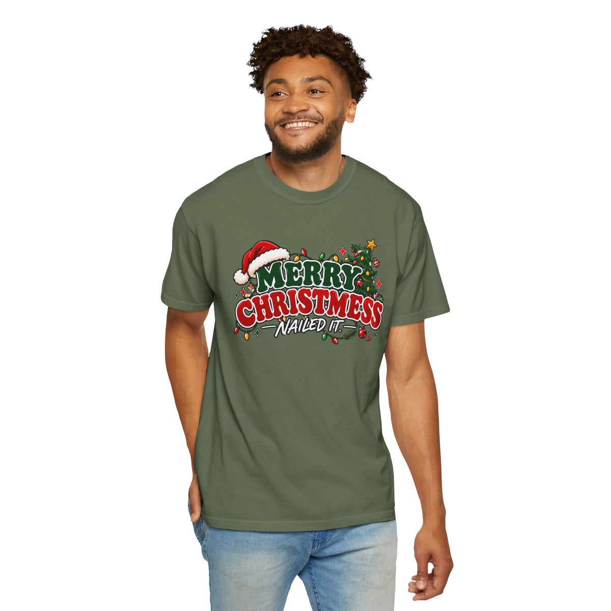 Green crewneck Christmas t-shirt on model, front 'Merry Christmas Nailed It' graphic